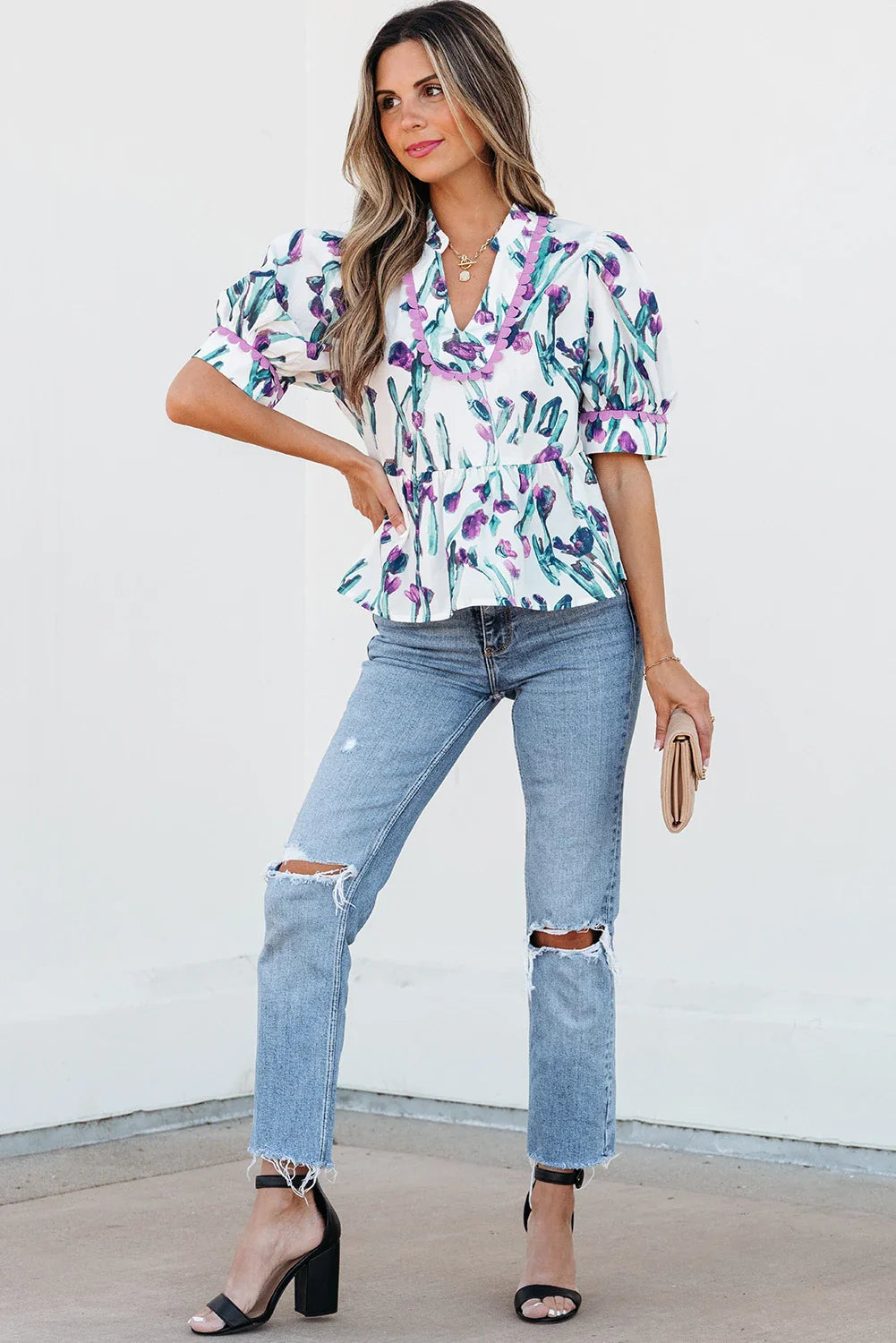 Floral Ricrac Trim Short Sleeve Peplum Top