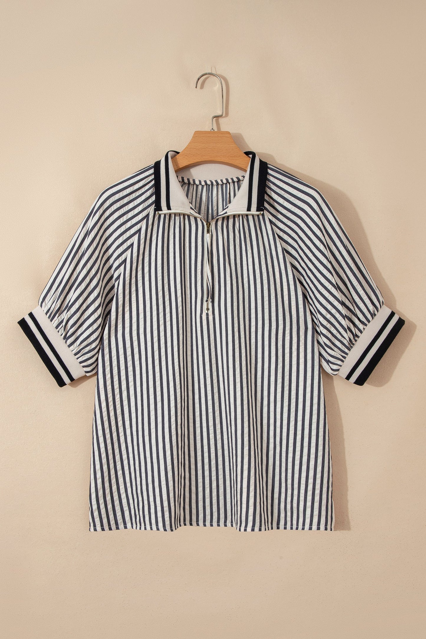 Stripe Polo Collar Half Zip Puff Sleeve Blouse