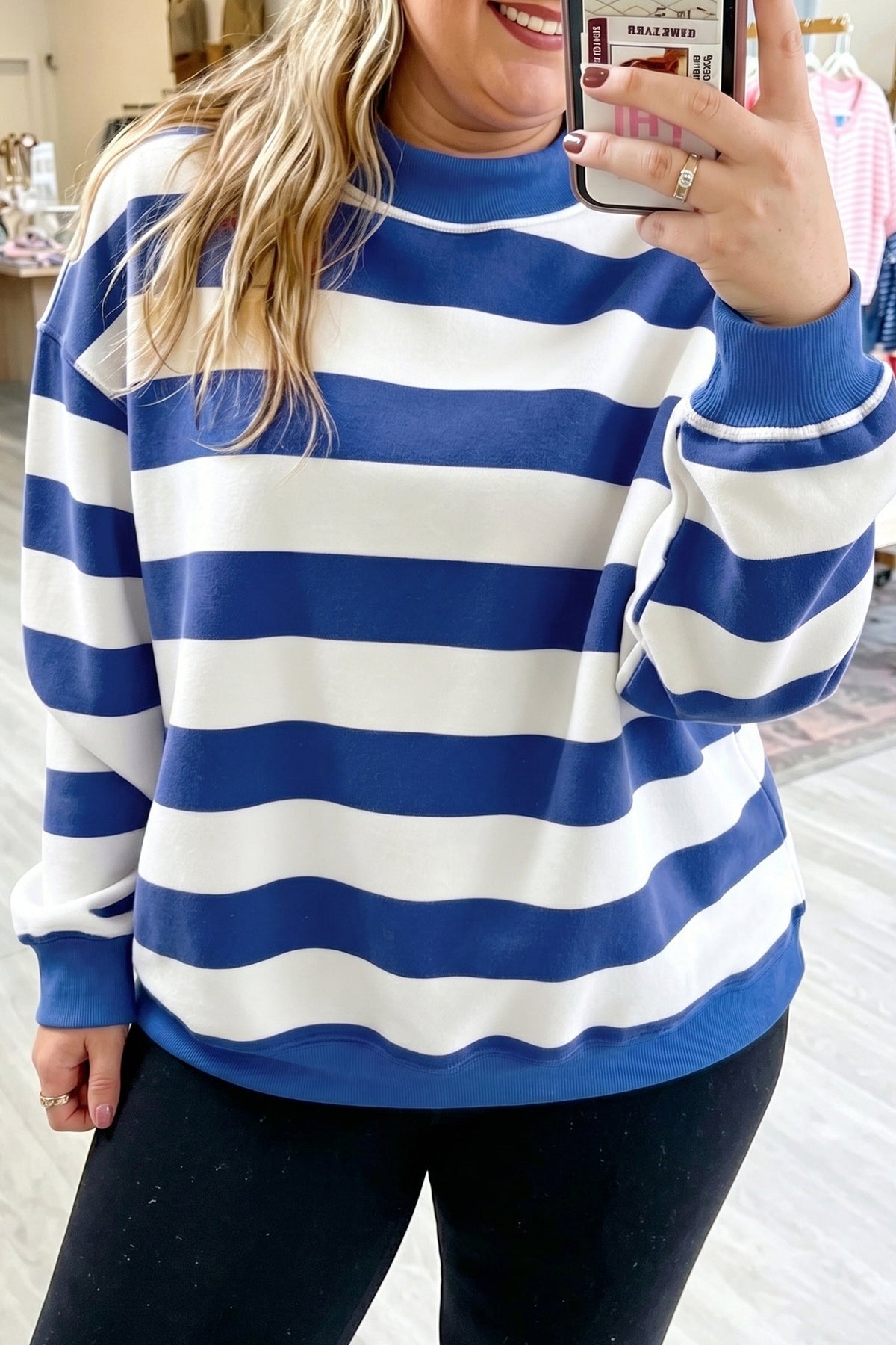 Plus Size Stripe Mock Neck Drop Shoulder Sweatshirt