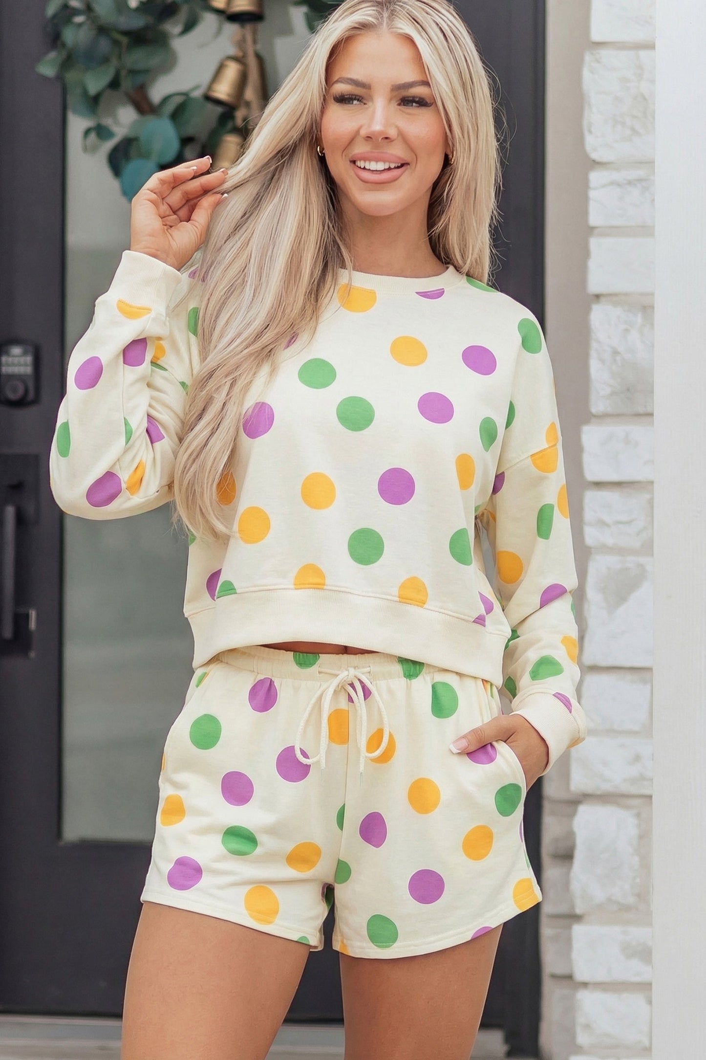 Polka Dot Pullover and Drawstring Shorts Set