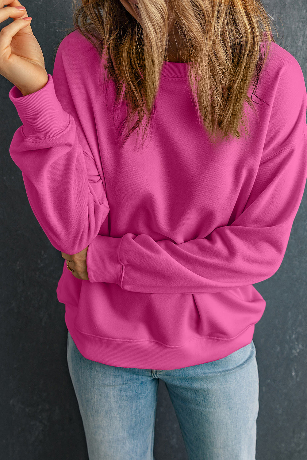 Solid Drop Shoulder Crewneck Pullover Sweatshirt