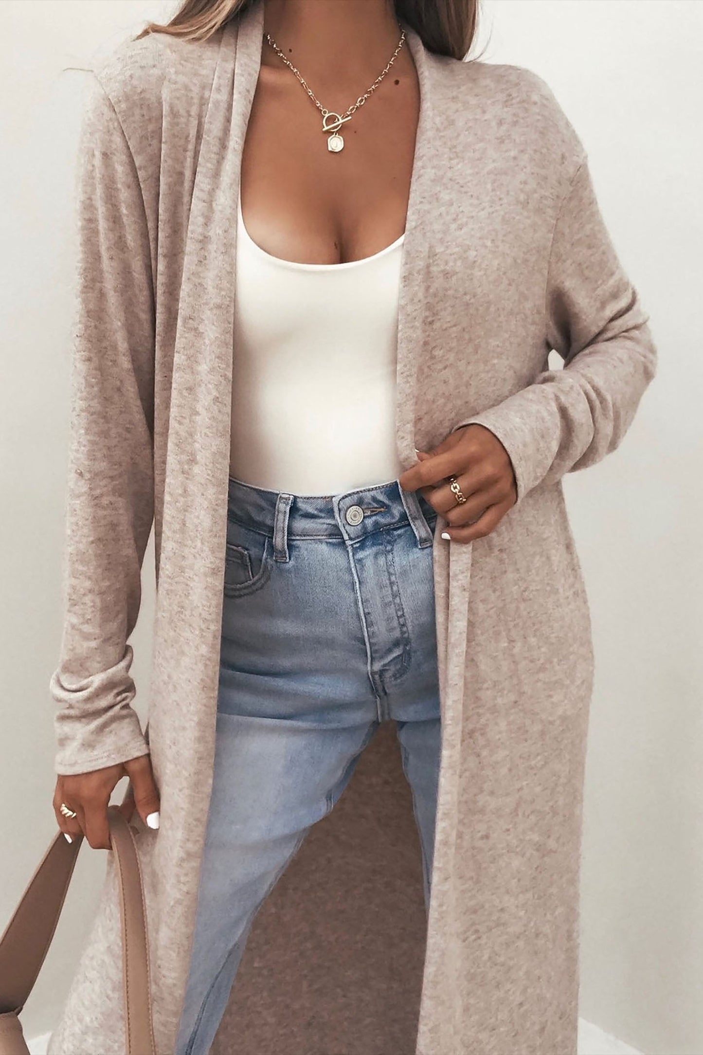 Solid Long Sleeve Open Front Tunic Cardigan