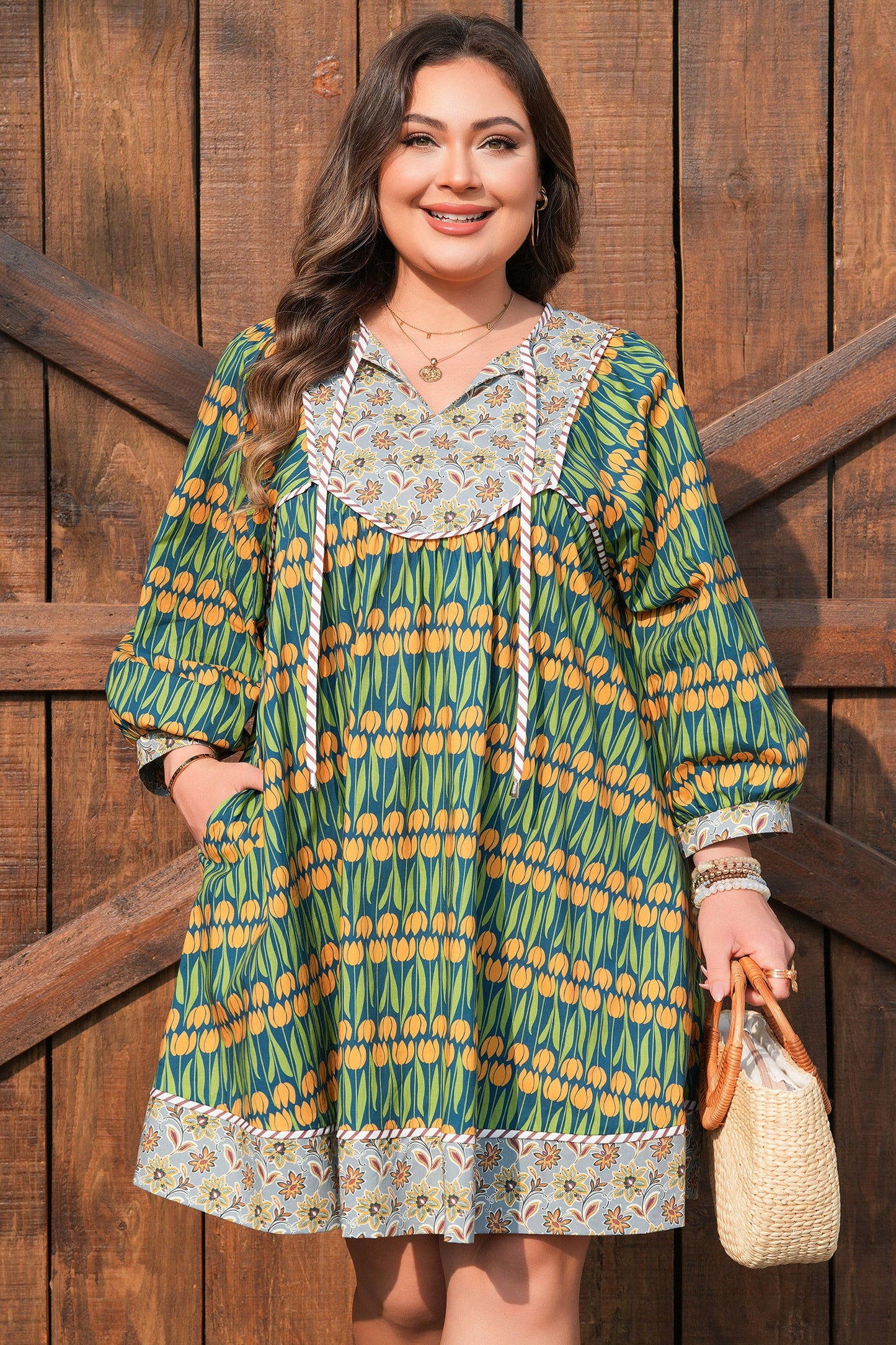 Plus Size Floral Stripe Trim 3/4 Sleeve Mini Dress