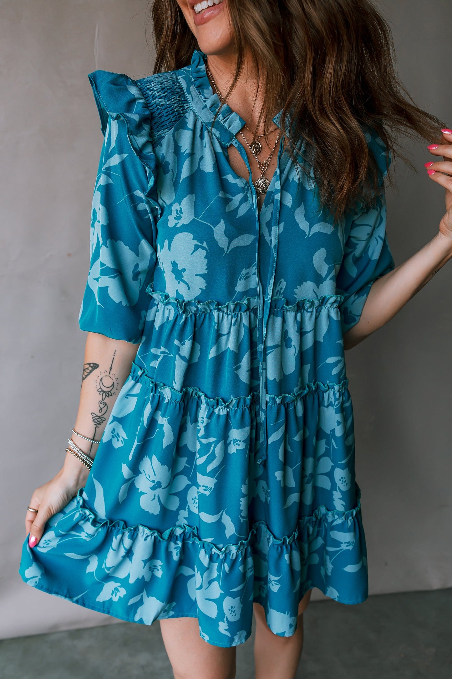 Flower 3/4 Sleeve Ruffle Tiered Dress