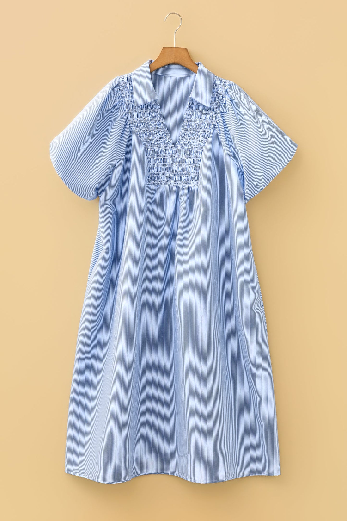 Plus-Size Stripe Shirred-Collar V-Neck Midi Dress