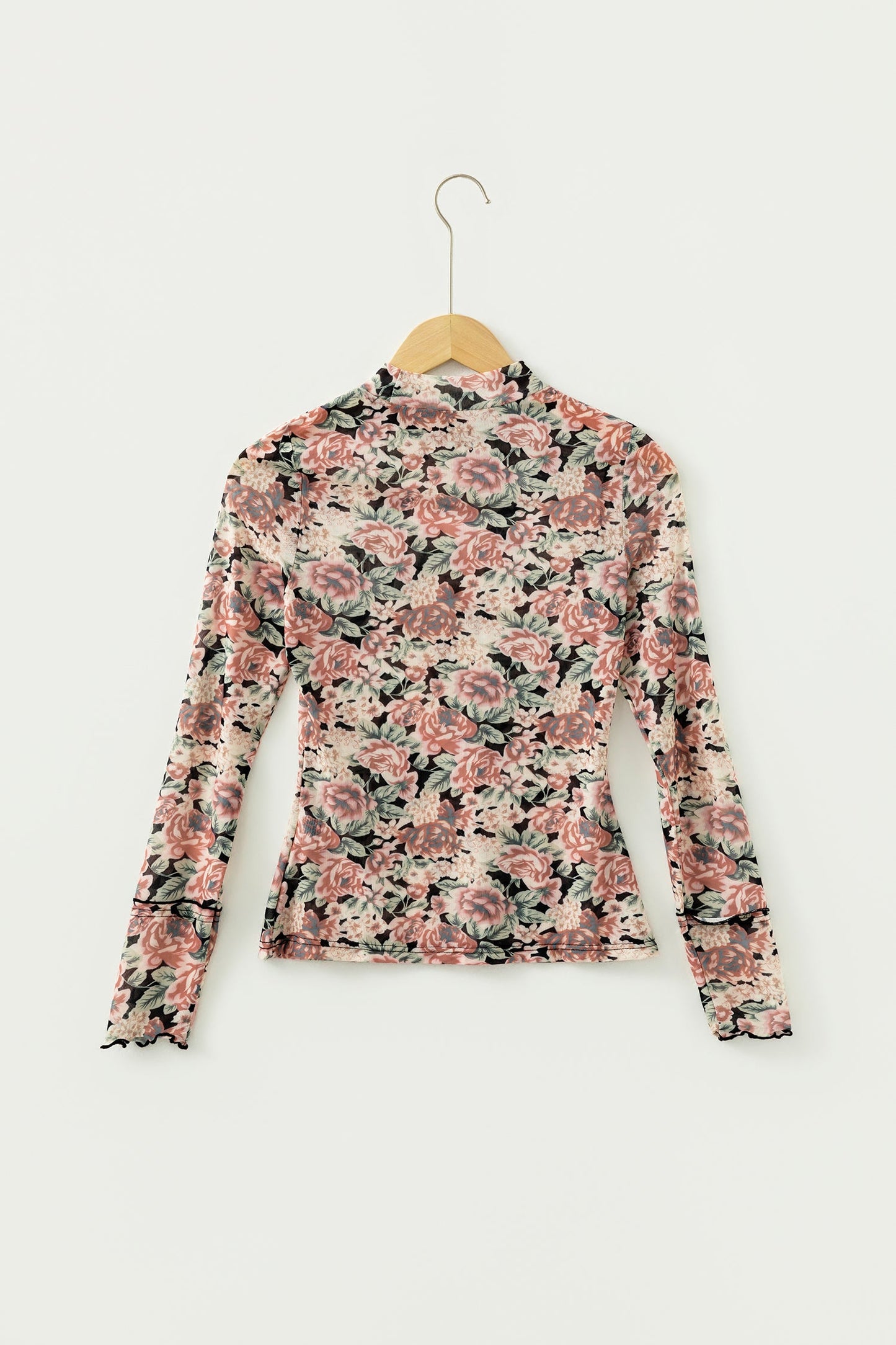 Floral Mesh Mock Neck Long Sleeve Top
