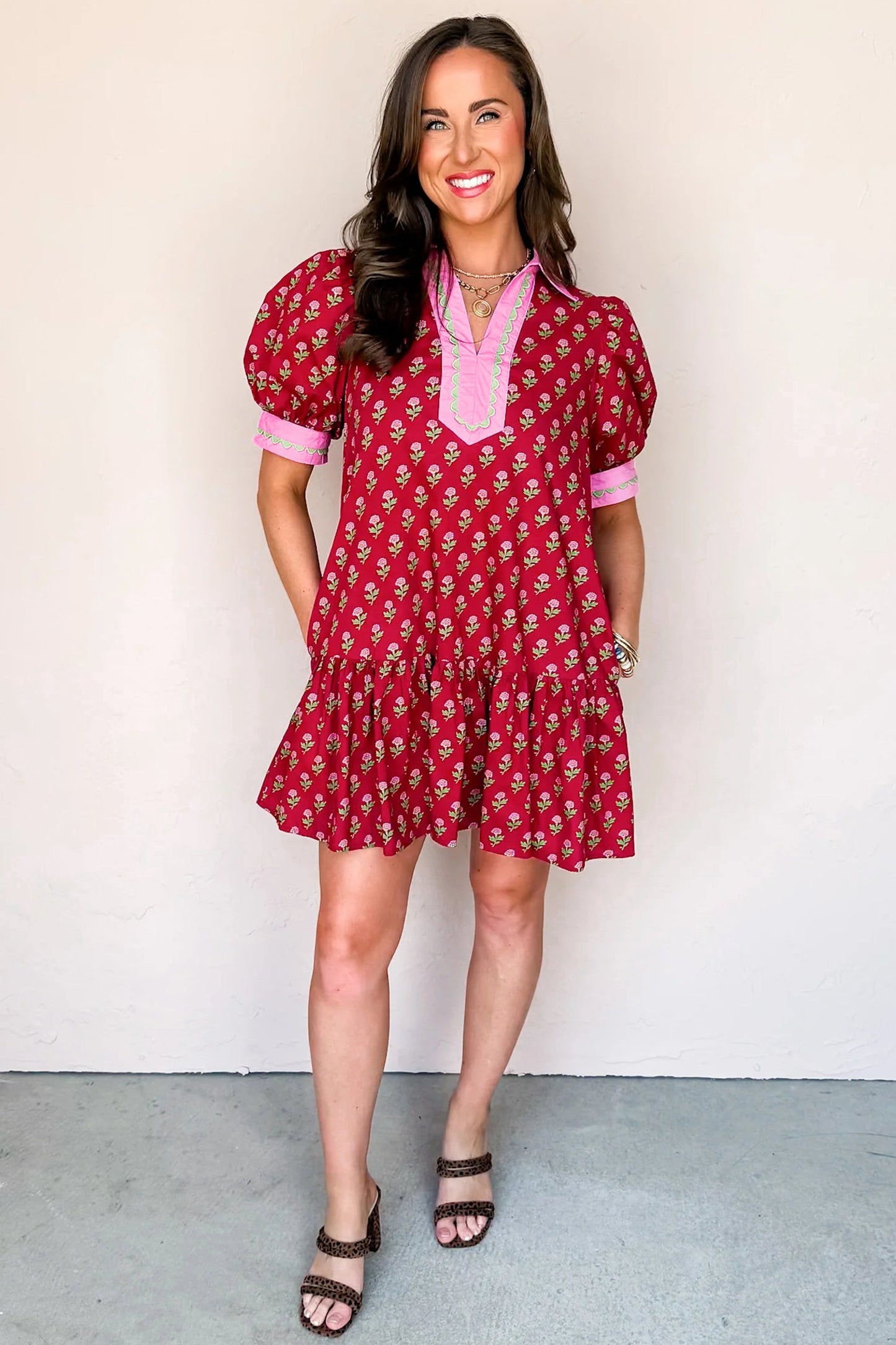 Floral V-Neck Short Bubble Sleeve Mini Dress
