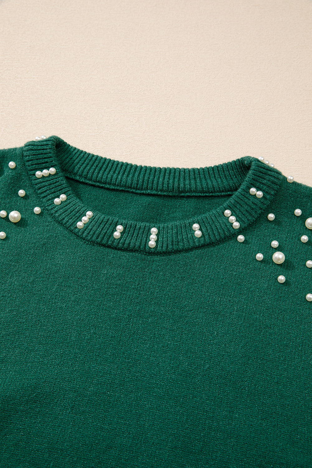 Solid Pearl Drop Shoulder Round Neck Sweater