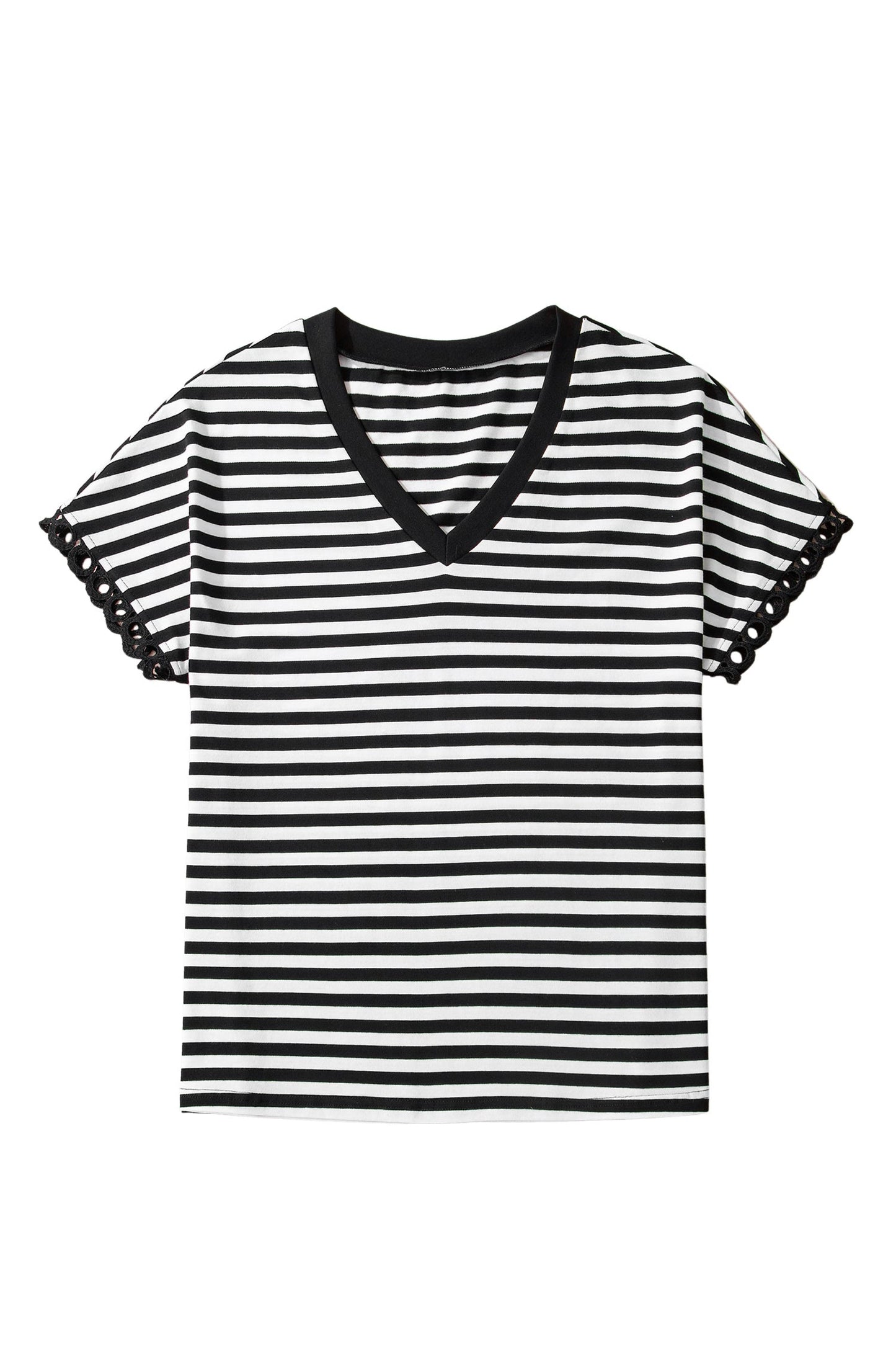 Stripe V-Neck Lace Trim Short Sleeve Tee