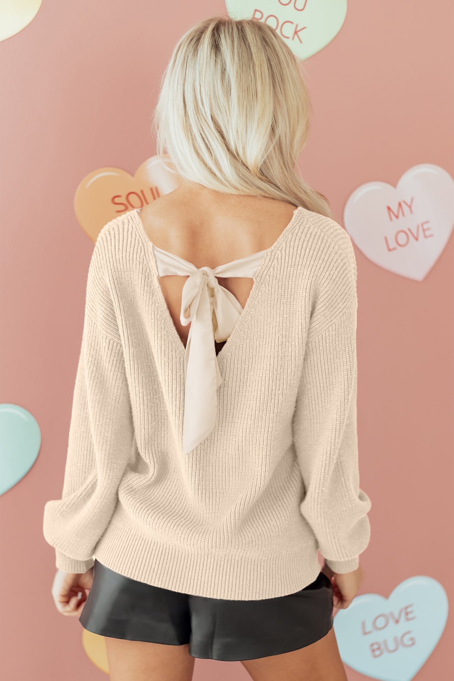 Ribbon Knot Backless Drop Shoulder Ribbed Sweater