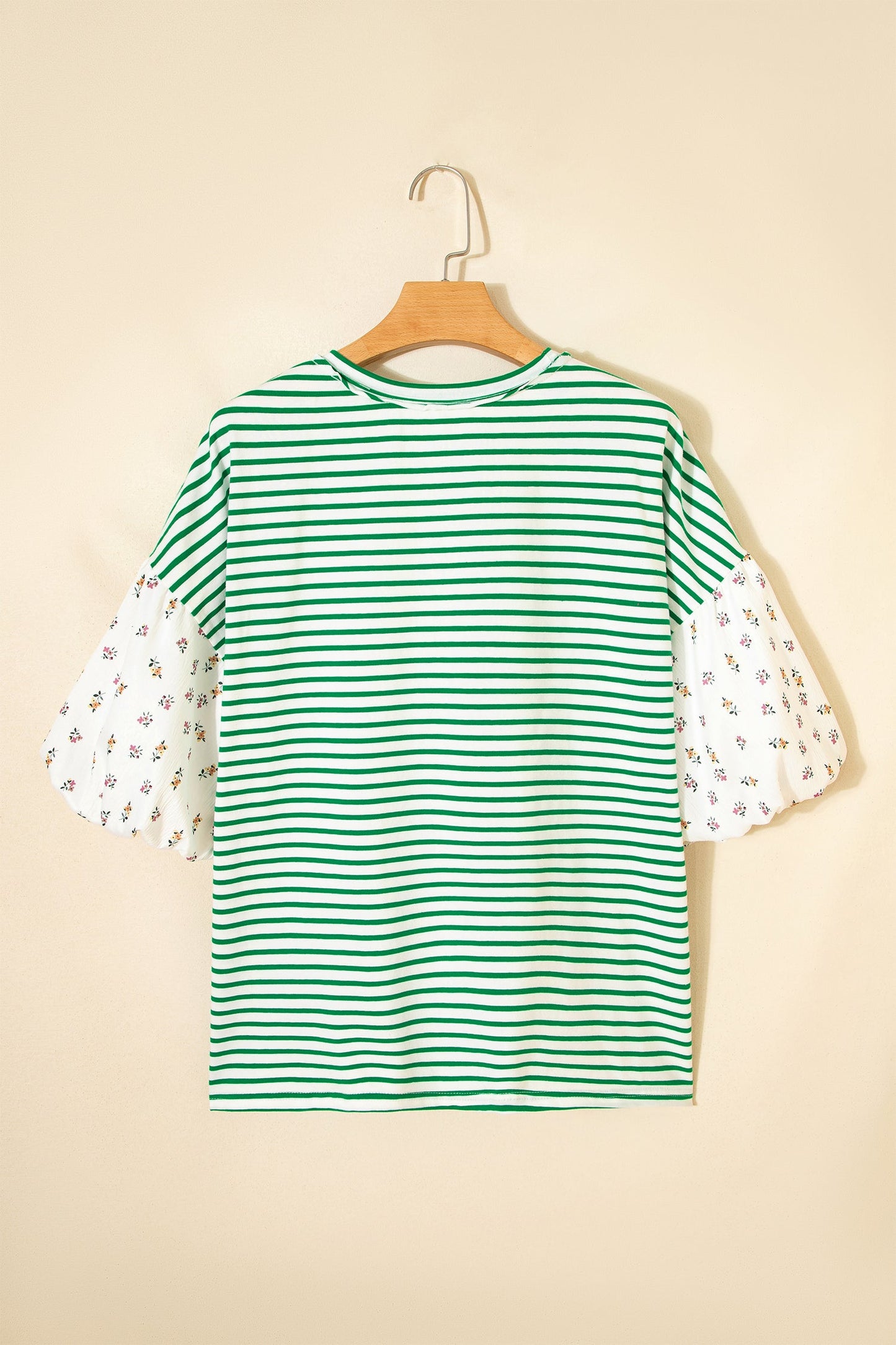 Floral Stripe Patchwork Puff Sleeve Round Neck Top
