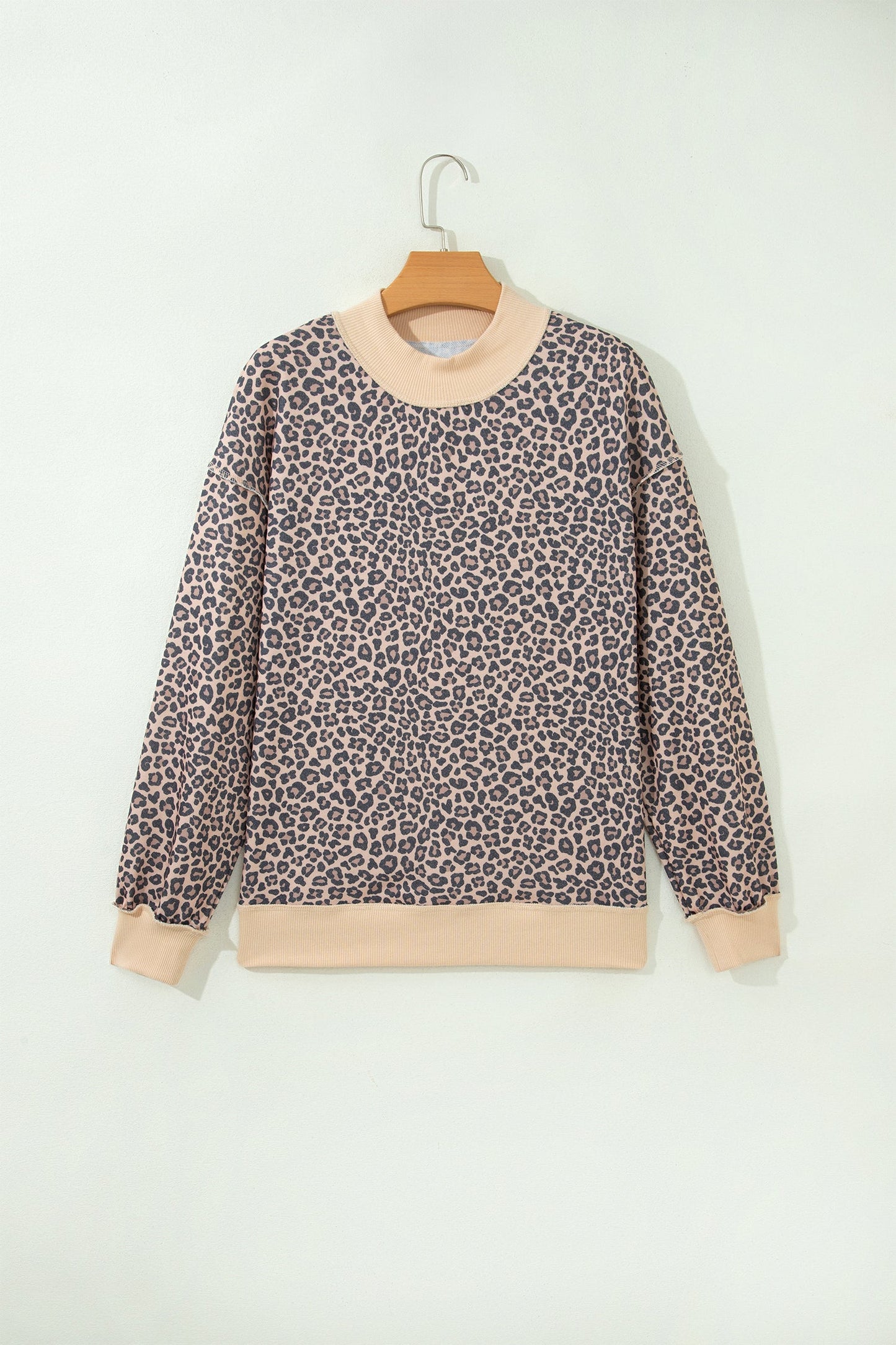 Leopard Ribbed Trim High Neck Long Sleeve Sweatshirt