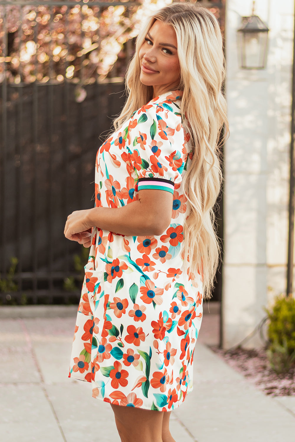 Floral Contrast Trim Split Neck Mini Dress