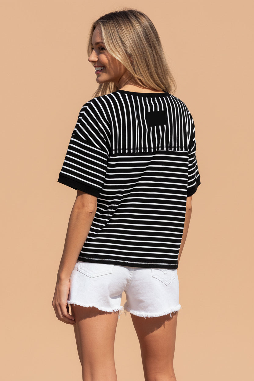 Stripe Ribbed Patchwork Short Sleeve Tee