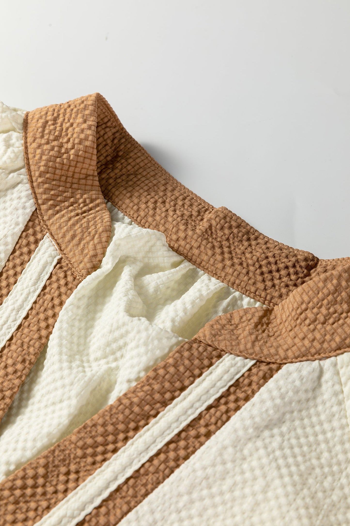 Colorblock Patchwork Detail V-Neck Textured Blouse