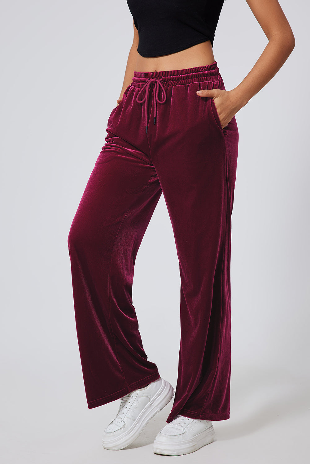 Solid Drawstring Waist Wide Leg Pants