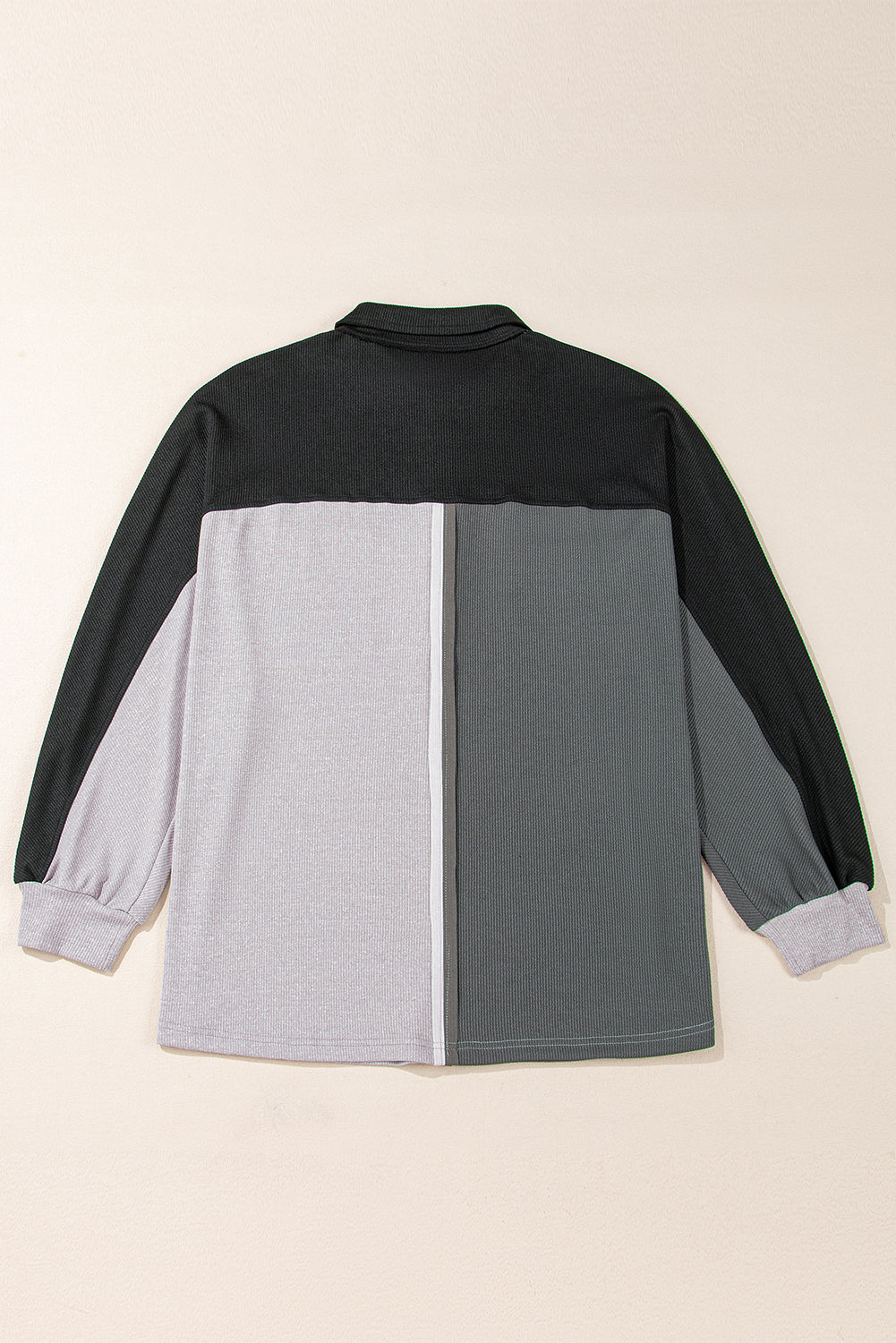 Colorblock Collared Ribbed Patchwork Pocketed Sweatshirt