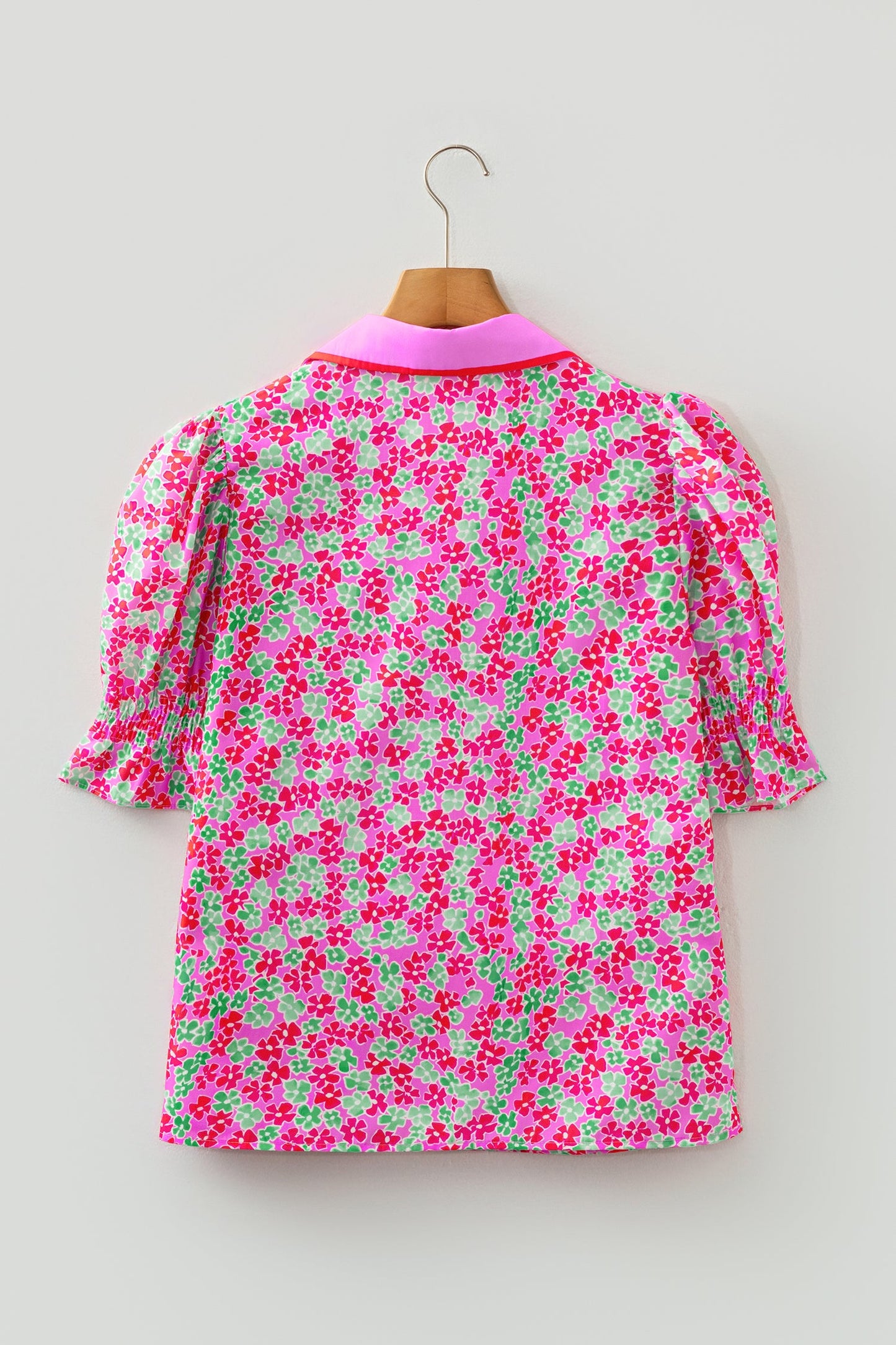 Floral Collared V-Neck Puff Sleeve Top