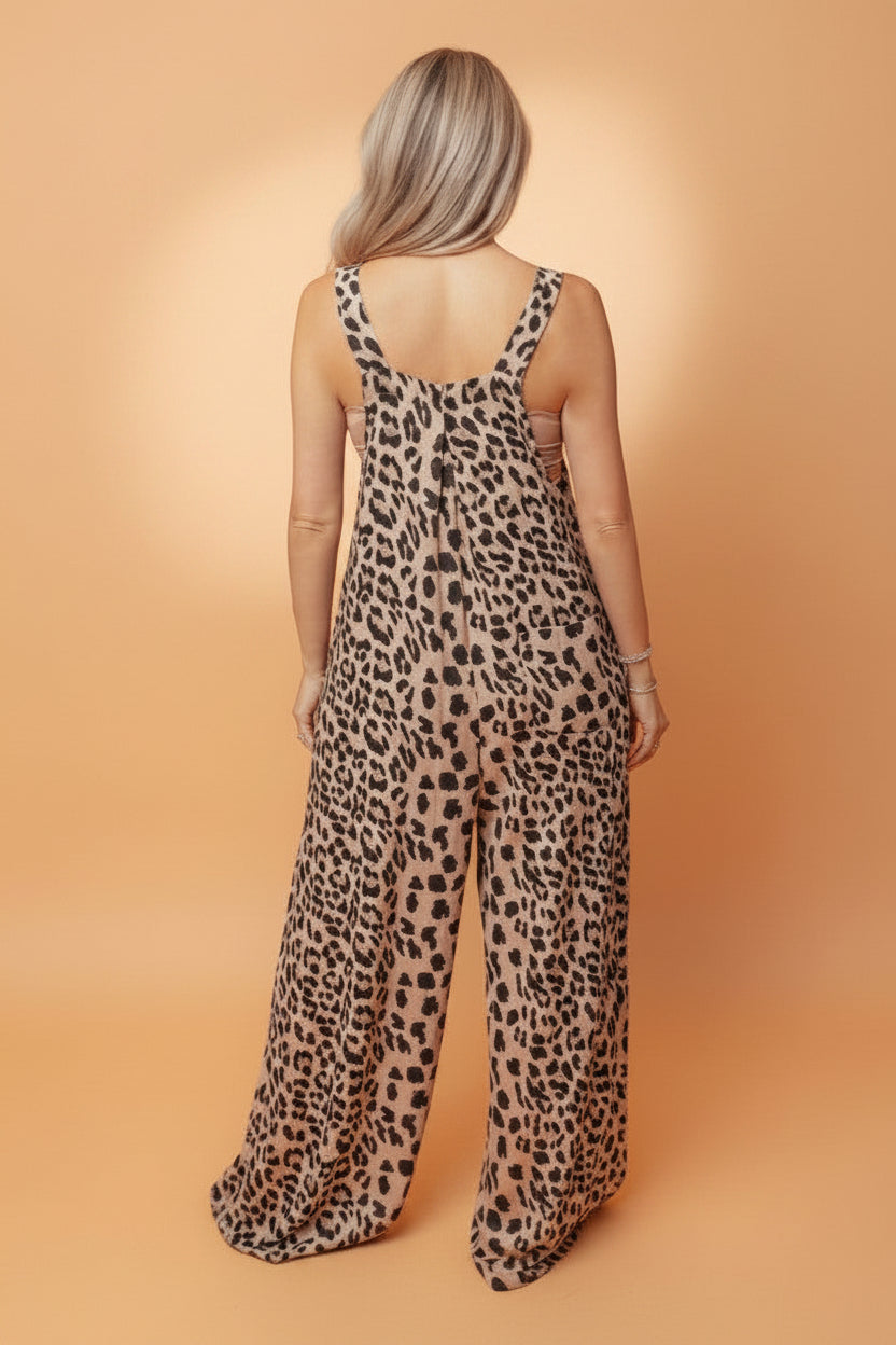Leopard Square Neck Pleated Wide Leg Jumpsuit