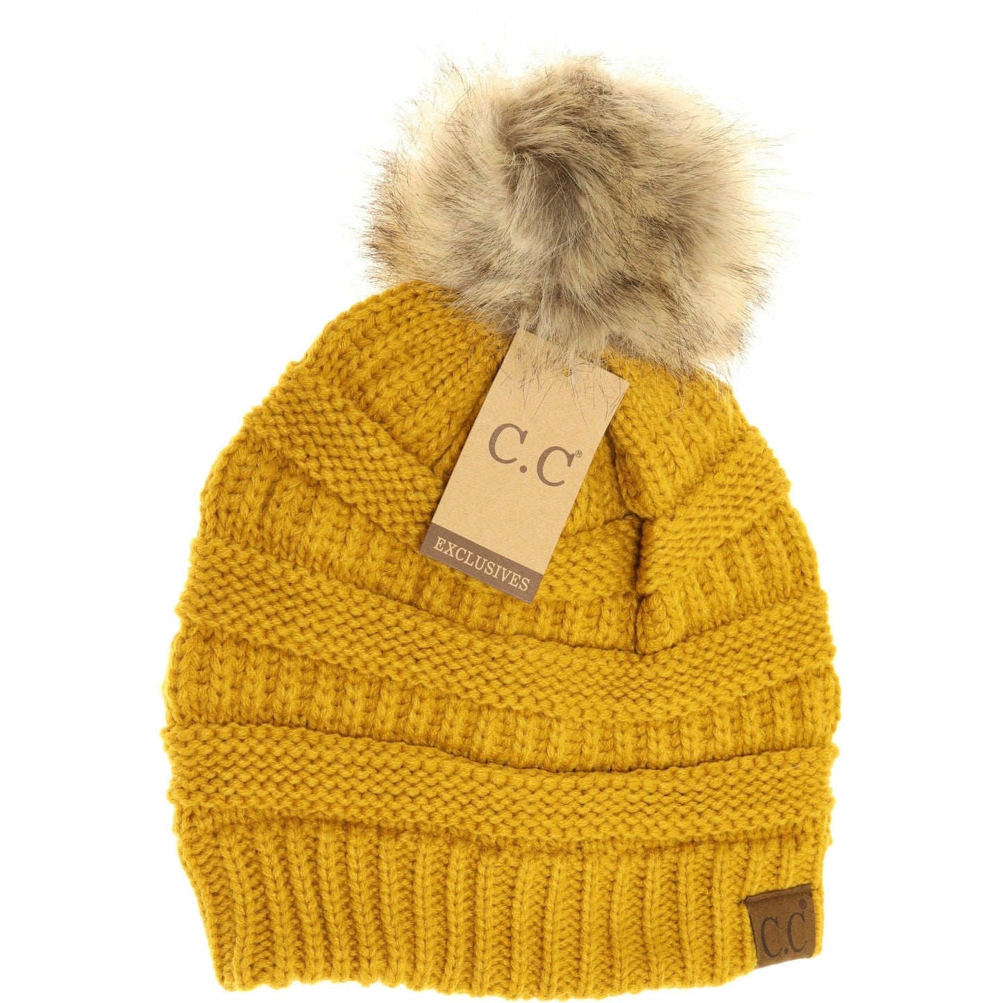 Fur Pom CC Beanie HAT43 Mustard