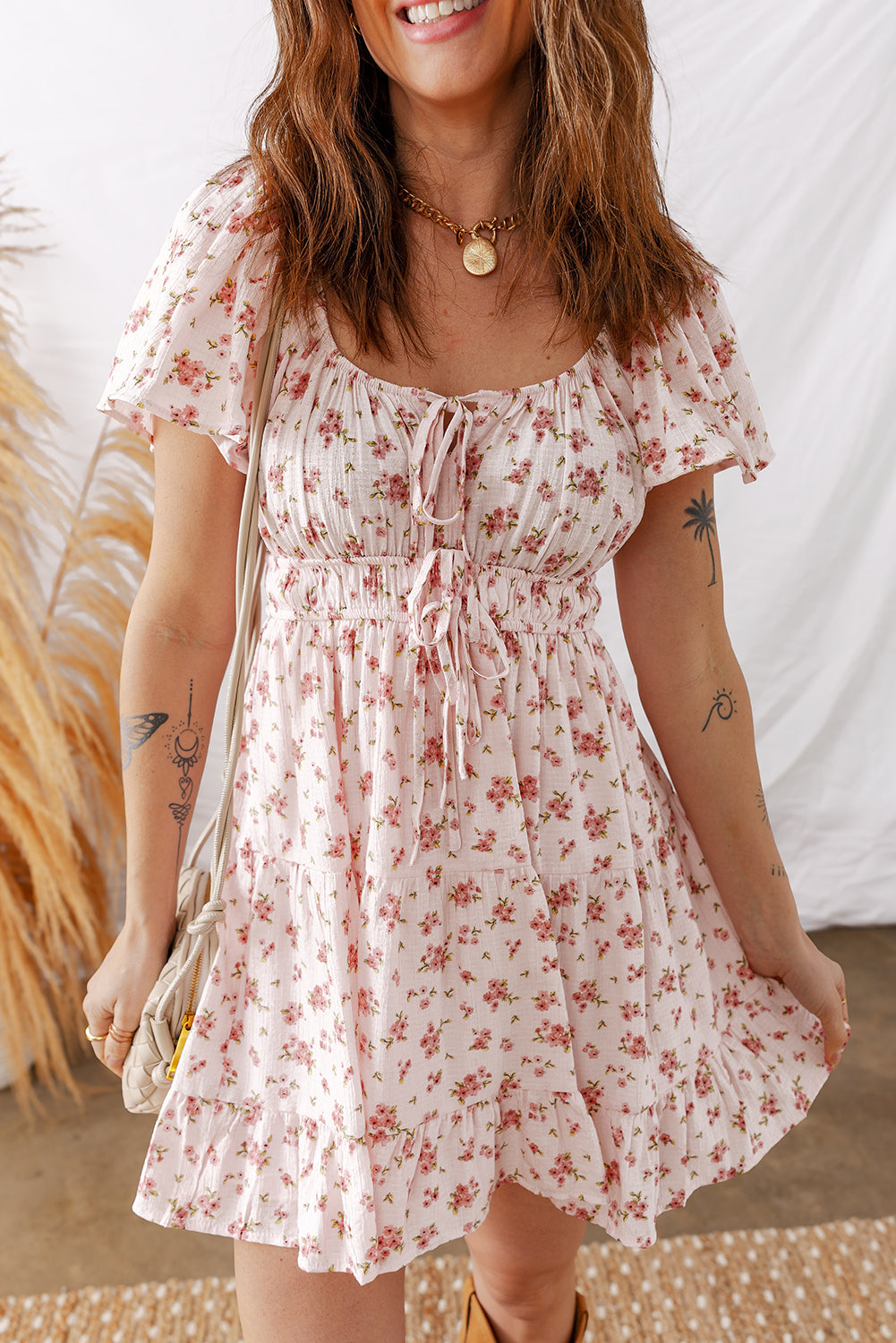 Floral Front Tie Shirred Waist Ruffle Mini Dress