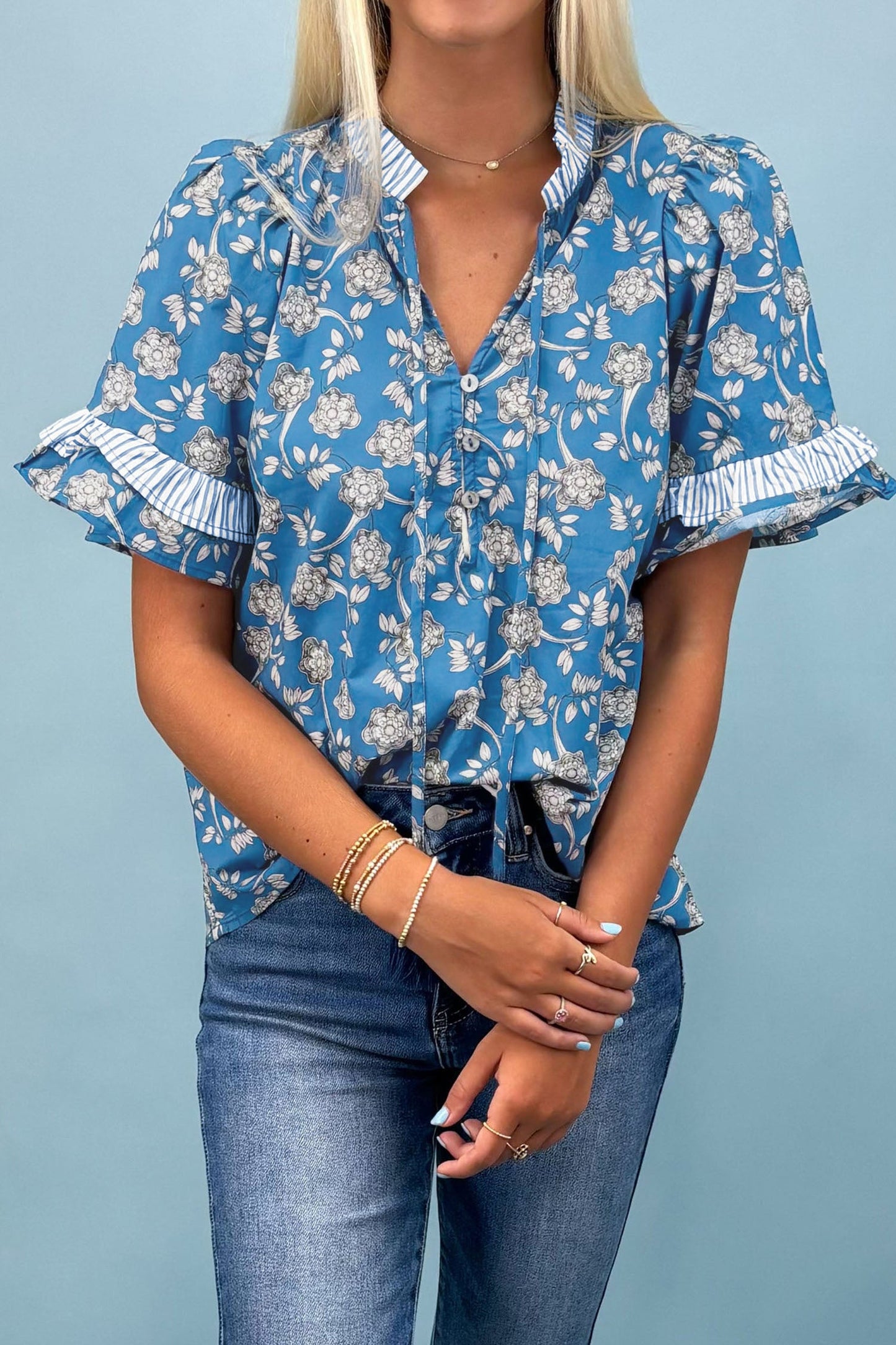 Floral Button Tie-Neck Stripe Short Sleeve Blouse