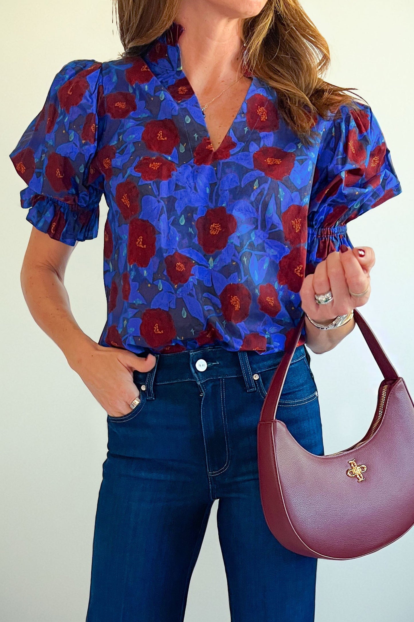 Floral Ruffle Frilled V-Neck Balloon Sleeve Blouse