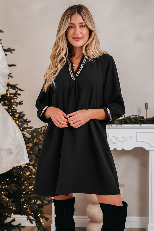 Contrast Trim V-Neck 3/4 Sleeve Mini Dress