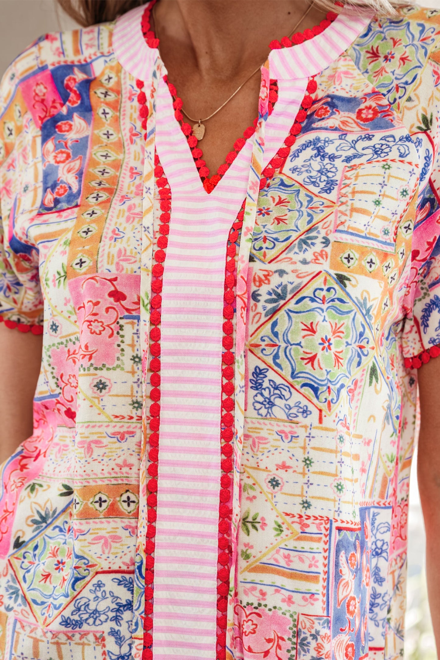 Boho Patchwork Tied V-Neck Short Sleeve Blouse
