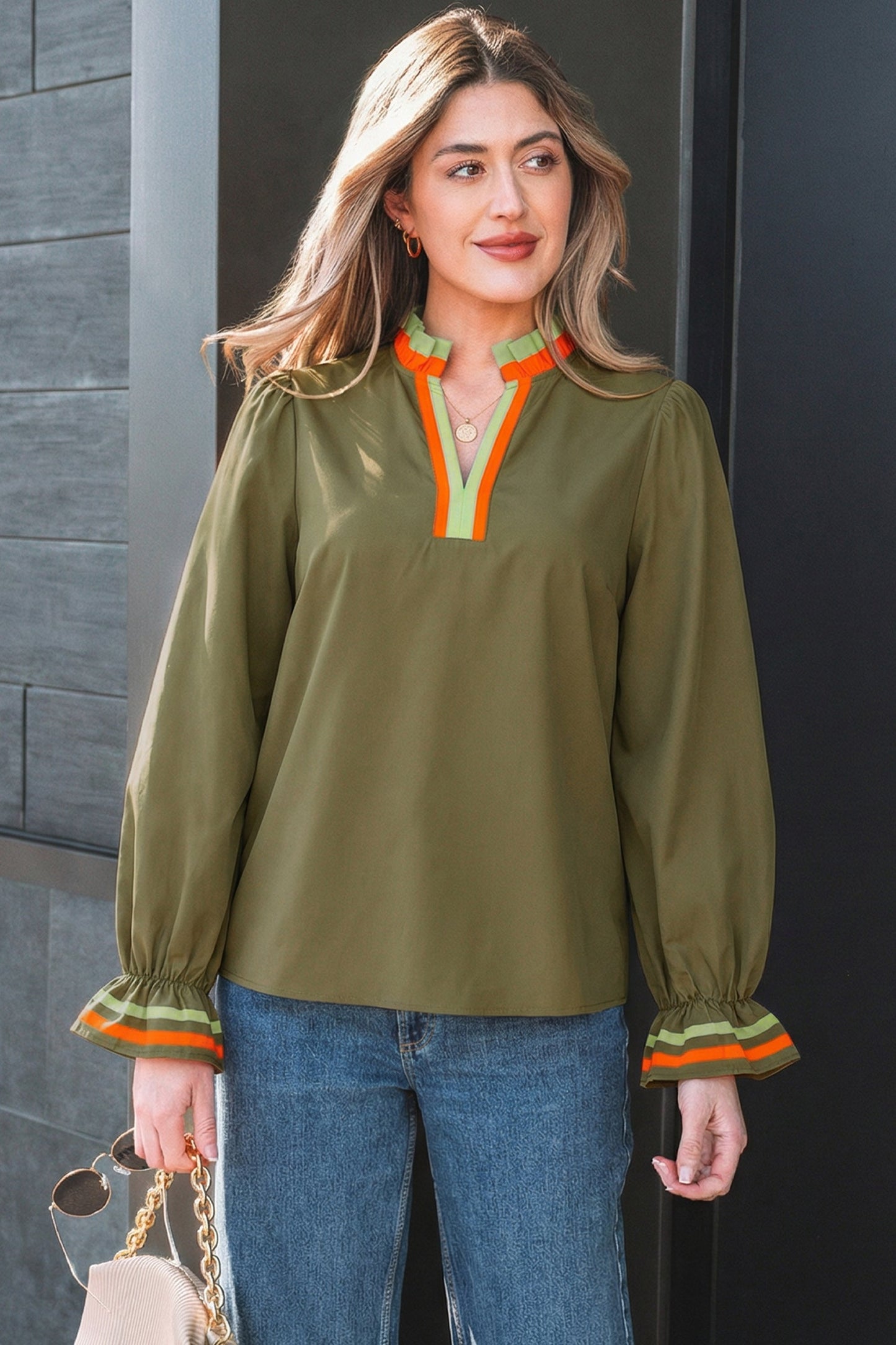Stripe Trim Ruffle Split Neck Long Sleeve Blouse