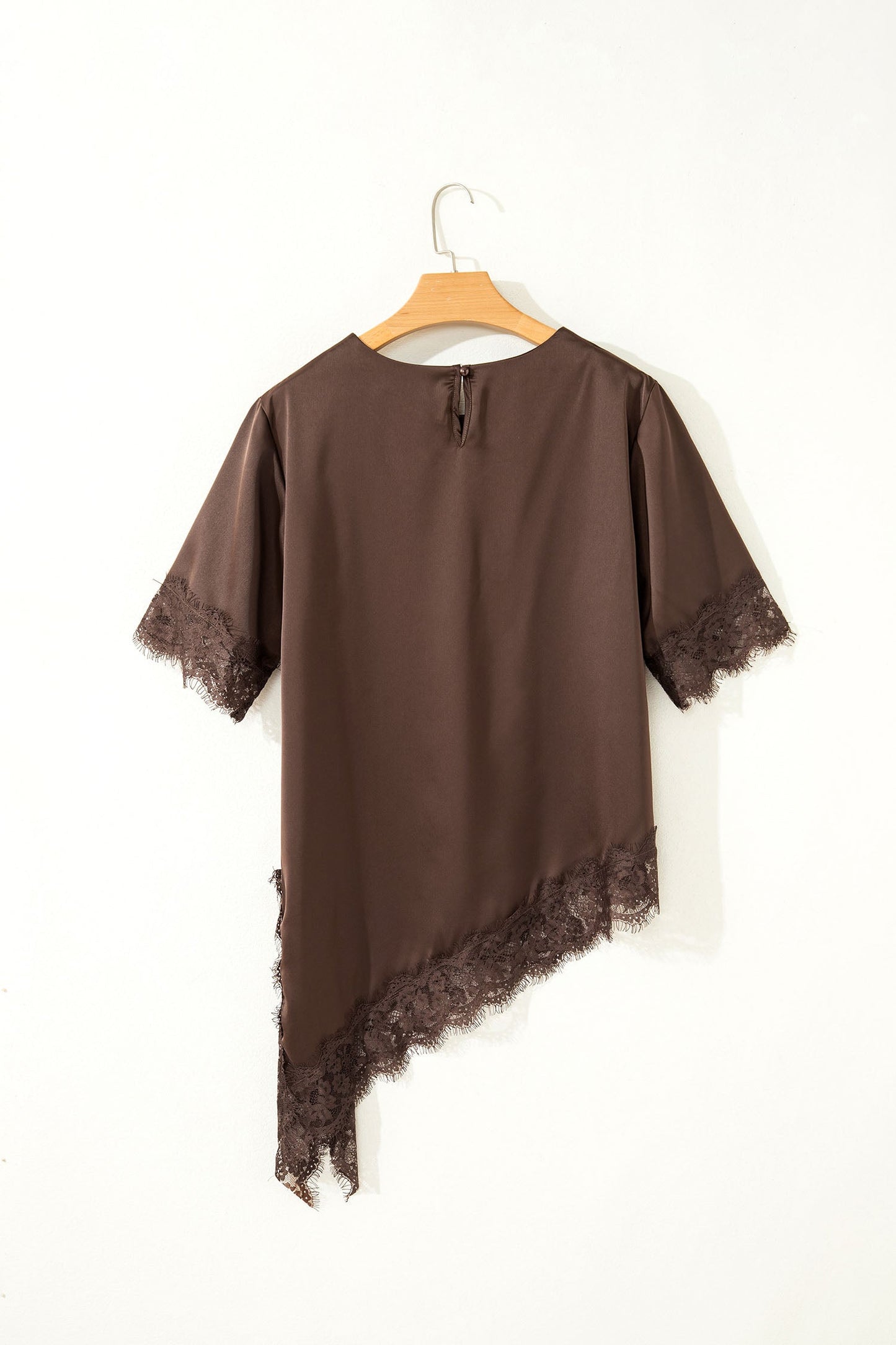 Asymmetric Lace Trim Satin Short Sleeve Top