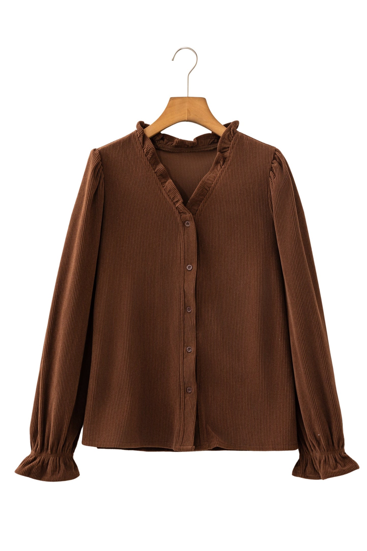 Solid Ruffle Trim V-Neck Long Sleeve Corduroy Shacket