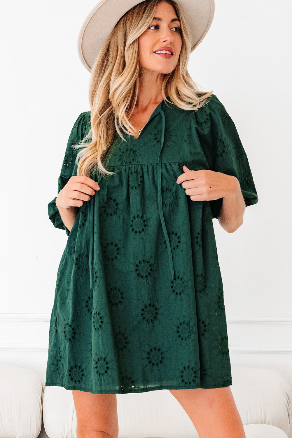 Solid Embroidered Eyelet 3/4 Sleeve Mini Dress
