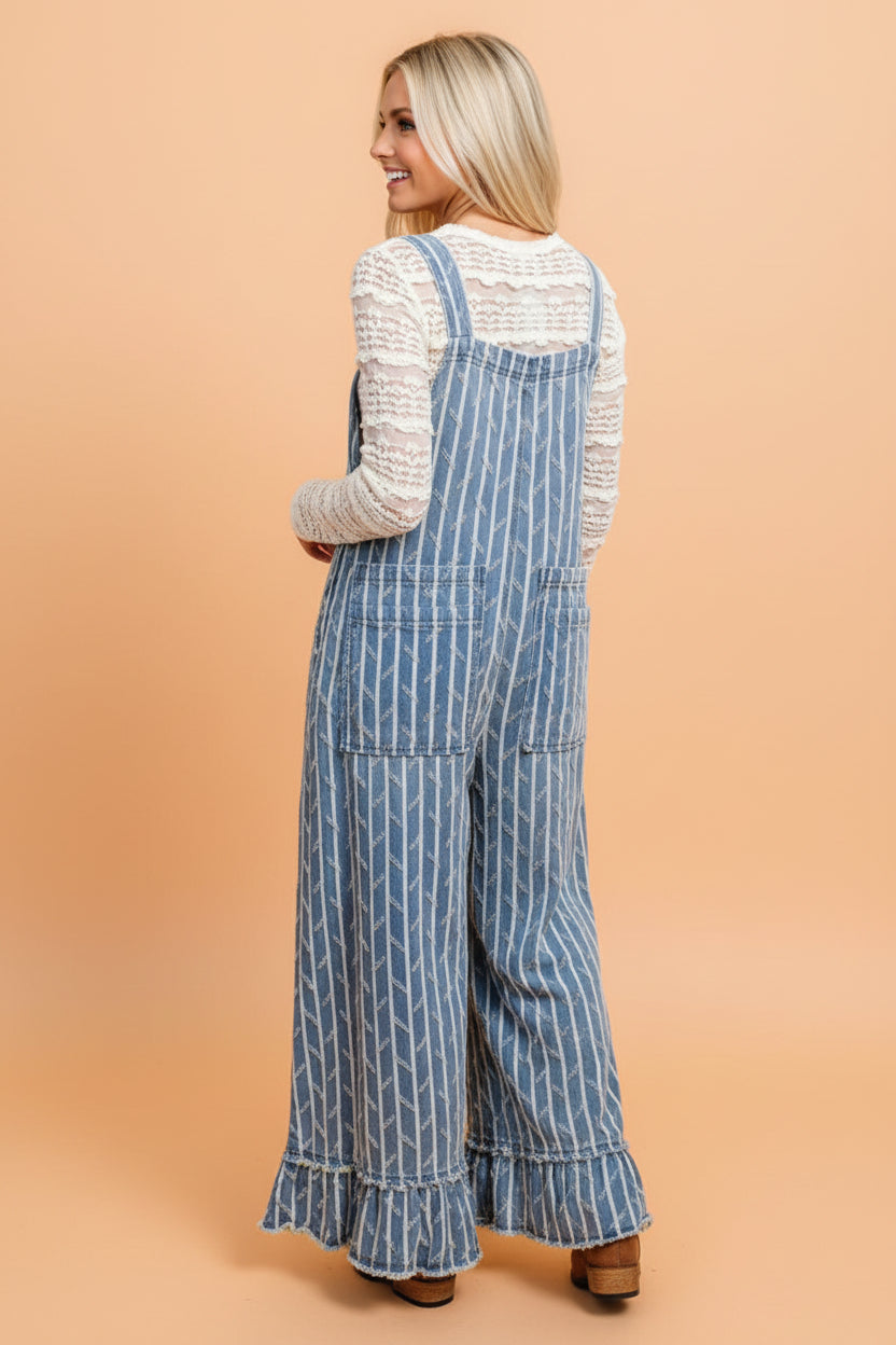 Stripe Distressed Denim Ruffle Wide Leg Overalls