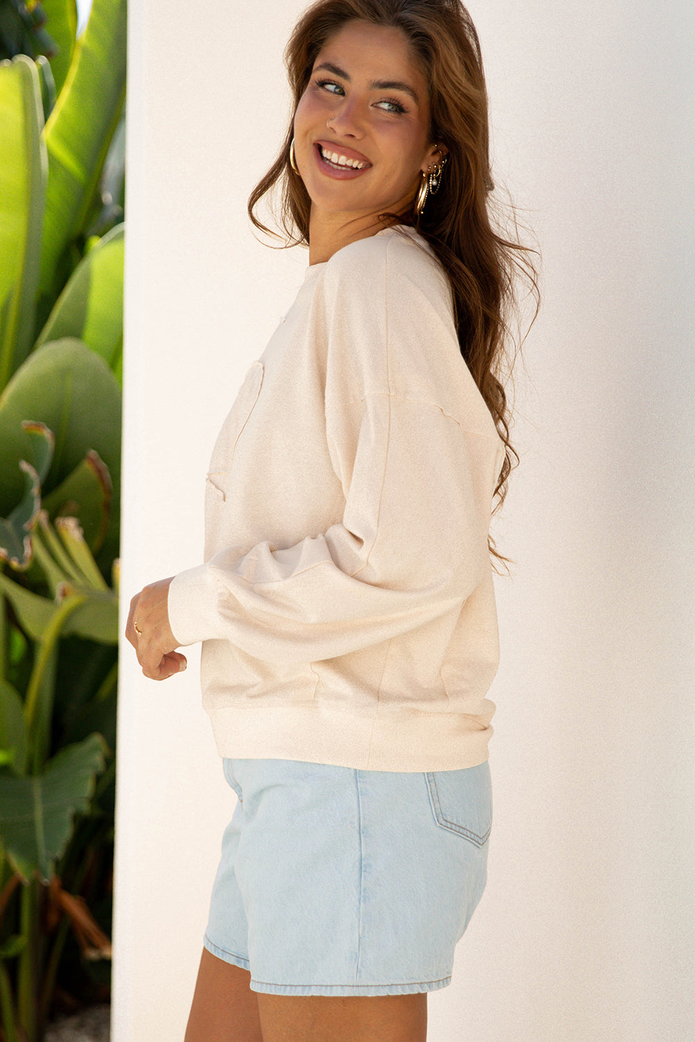 Floral Patch Raw Edge Drop Shoulder Top