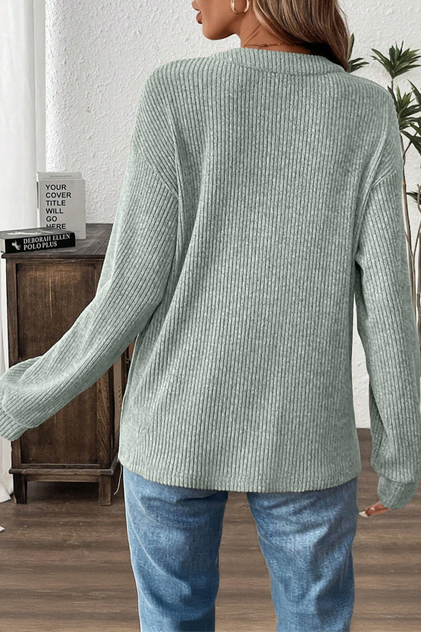 Solid Ribbed Knit Textured Drop Shoulder Henley Top