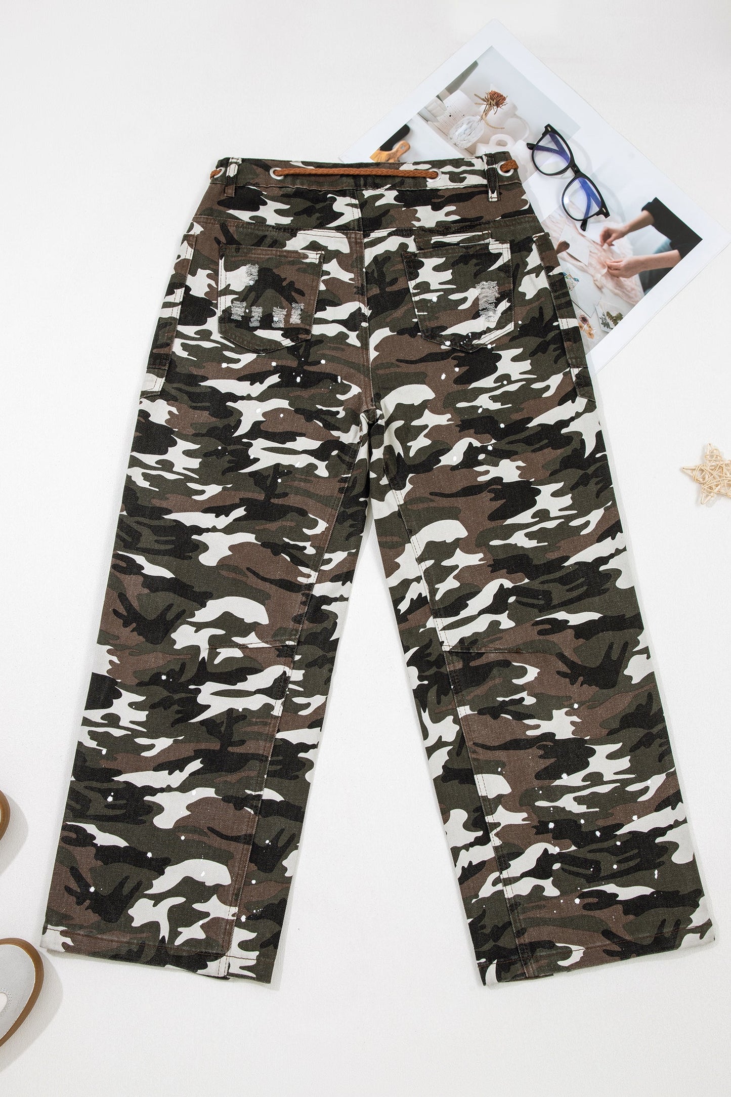 Camo Distressed Loose Denim Pants