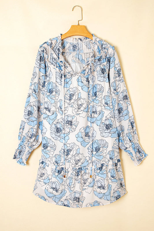 Floral Ruffle Tie Neck Mini Dress