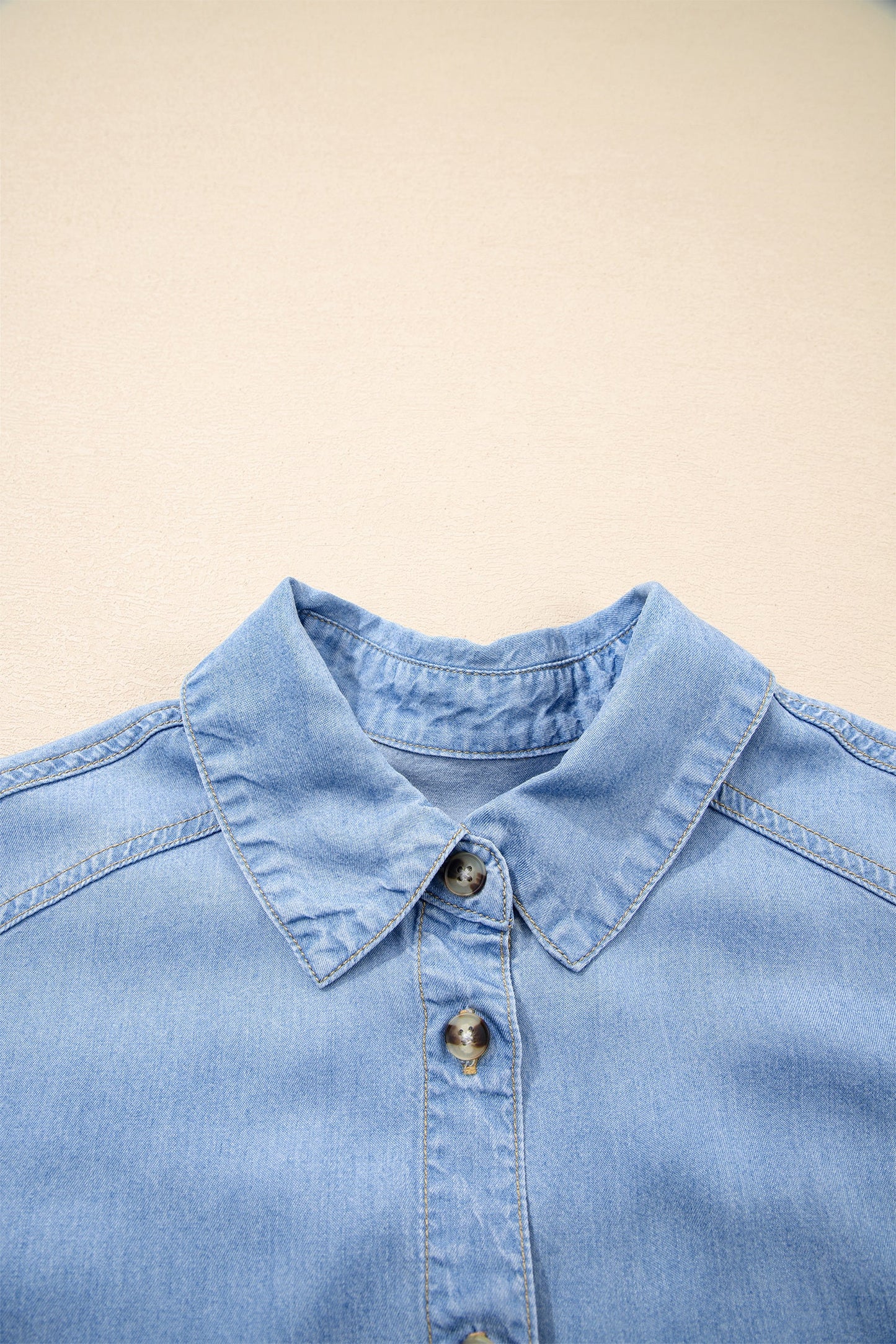 Denim Chambray Ruffle 3/4 Sleeve Buttoned Shirt