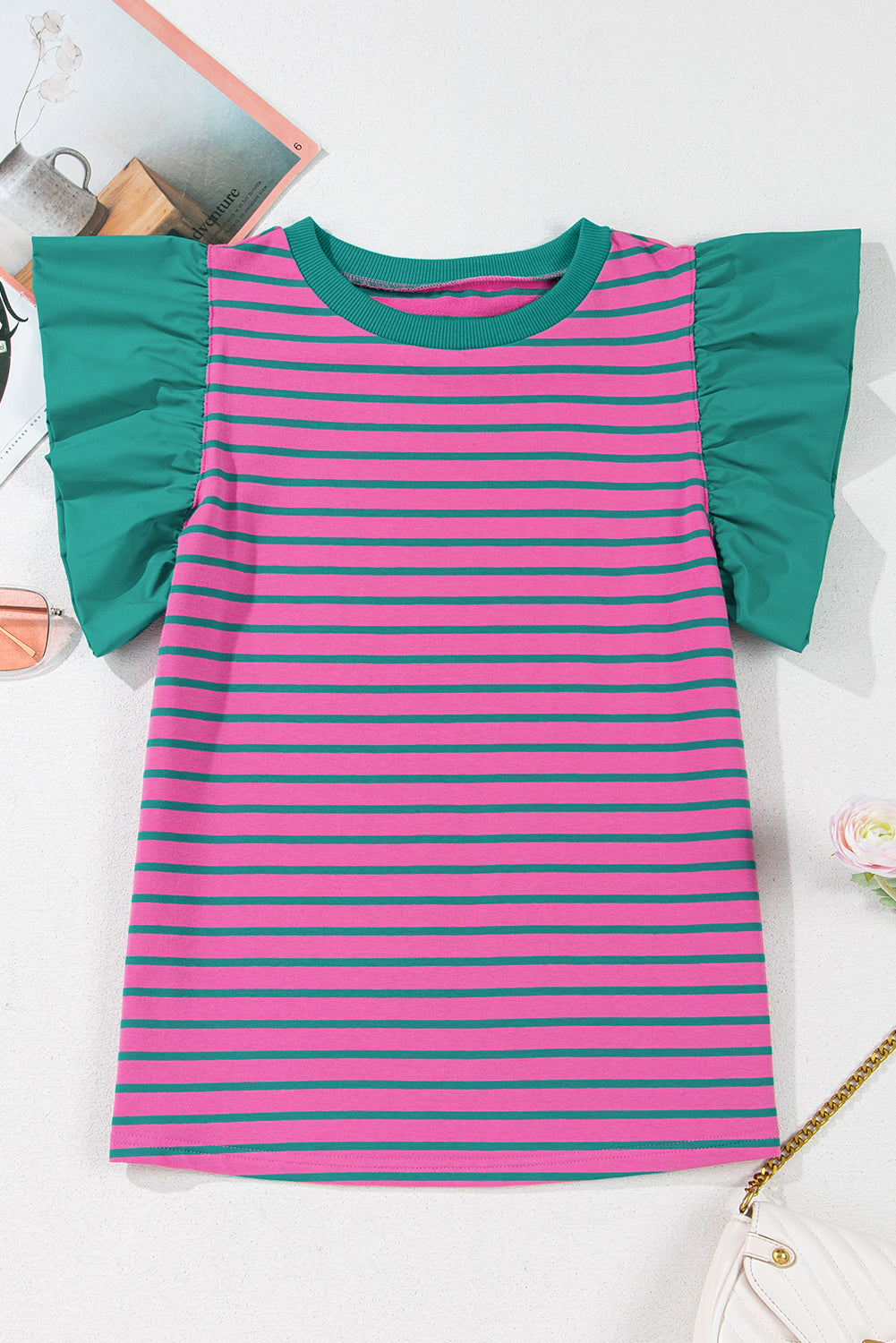 Stripe Colorblock Ruffle Sleeve Crewneck Blouse