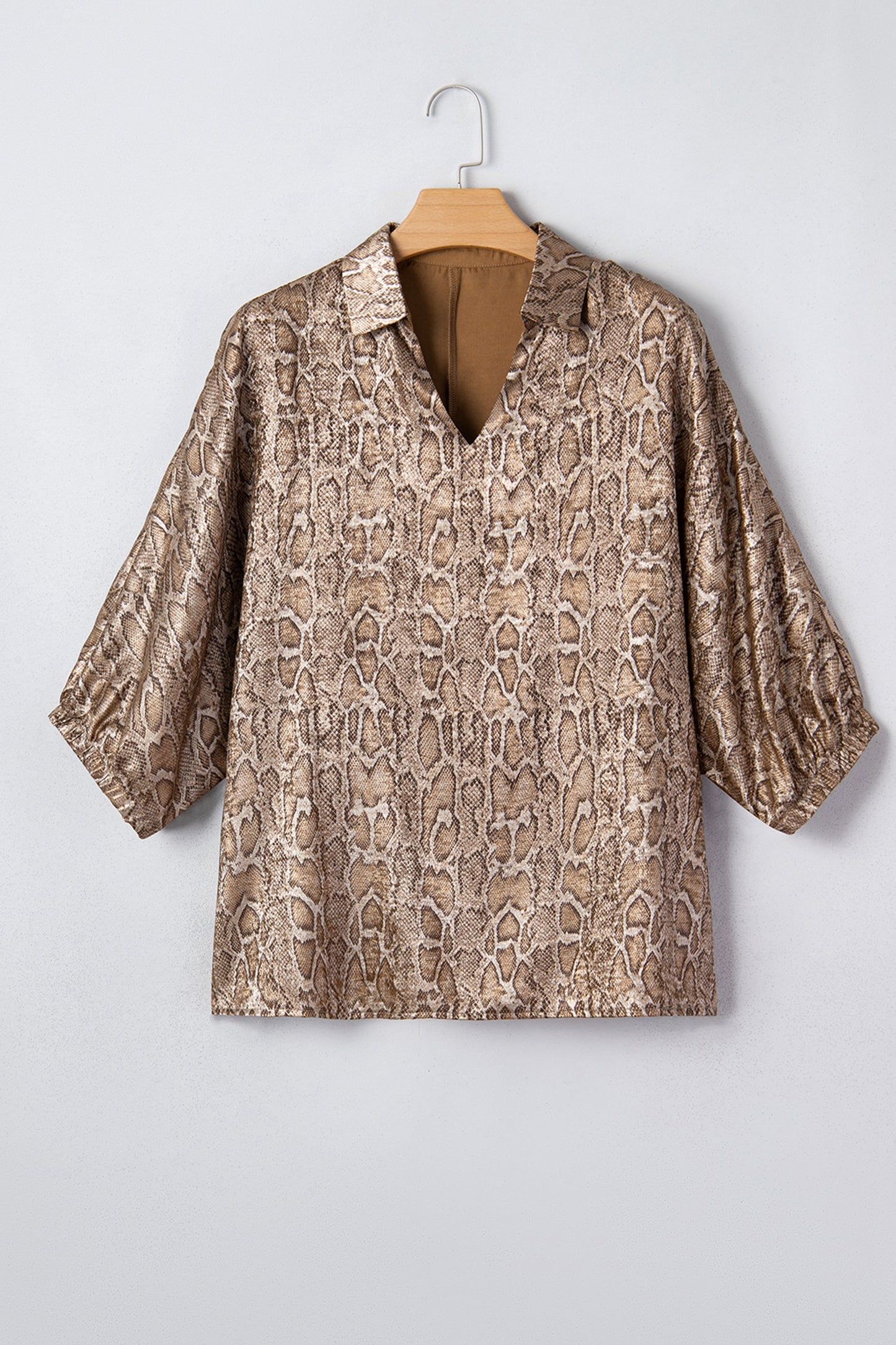 Snake Skin Metallic Polo Collared V-Neck Blouse