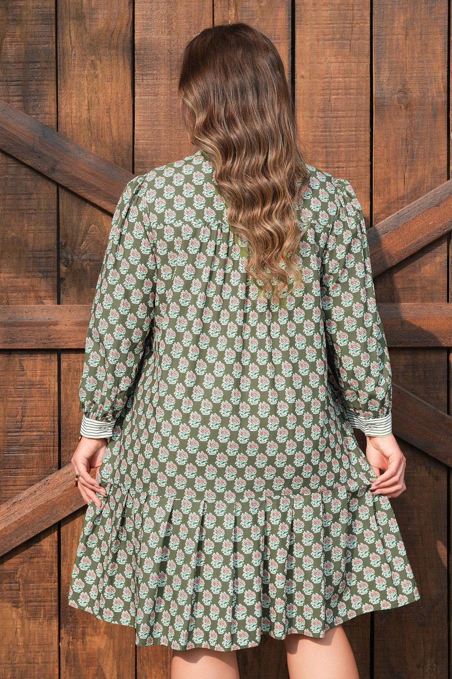 Plus Size Floral Stripe Contrast 3/4 Sleeve Dress
