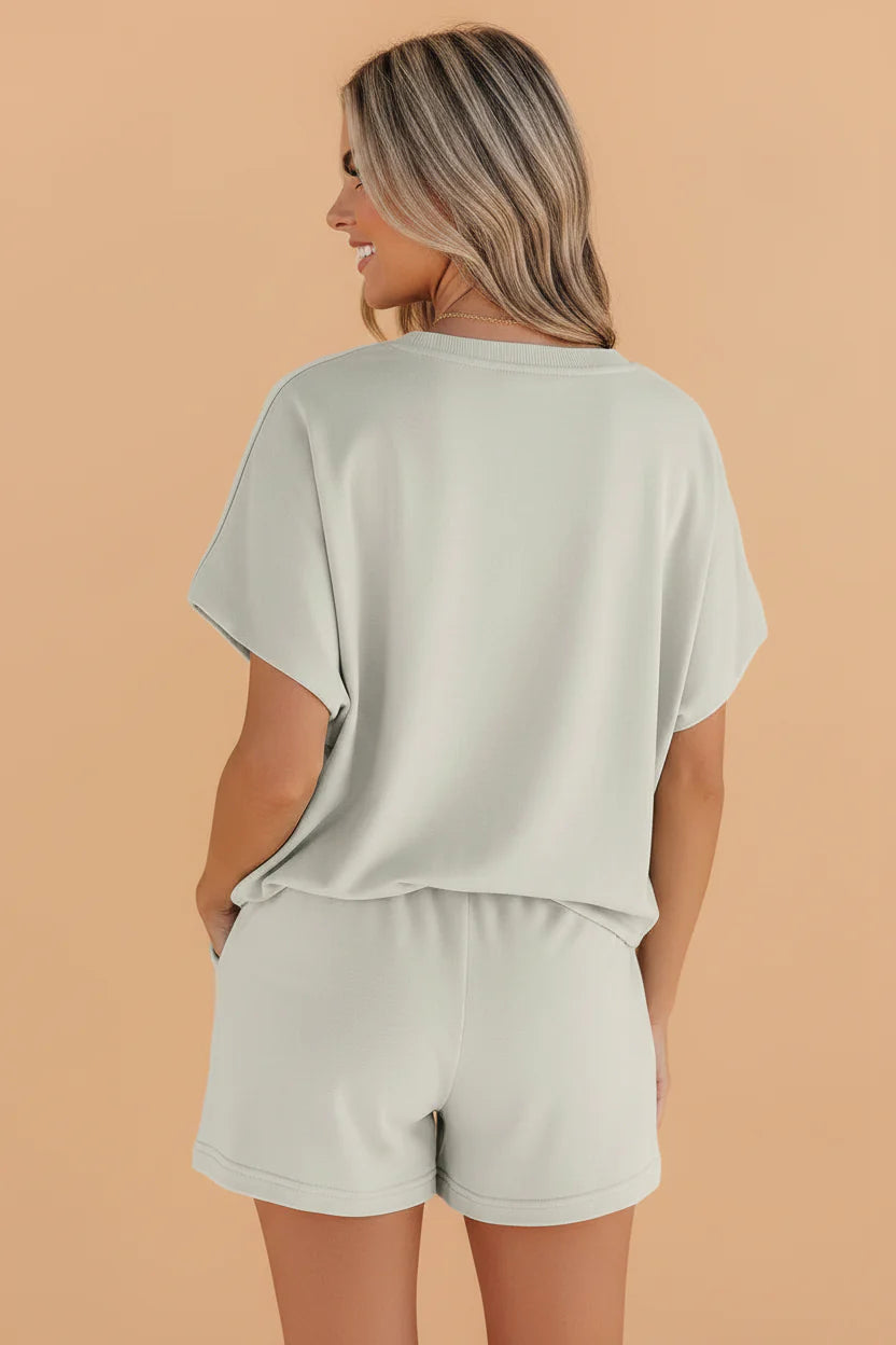 Solid Puff Sleeve Top & Drawstring Shorts Set
