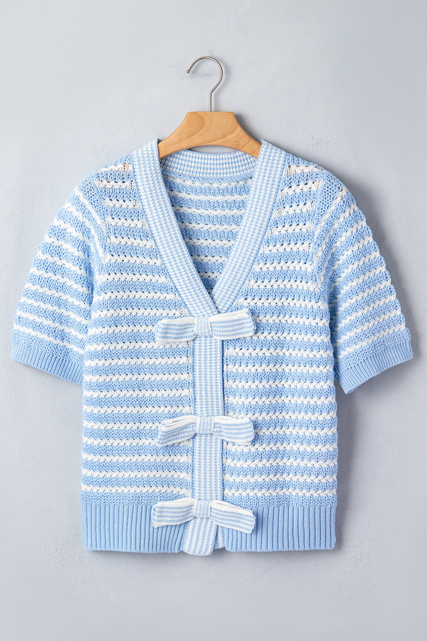 Stripe Bow Tie V-Neck Short Sleeve Sweater