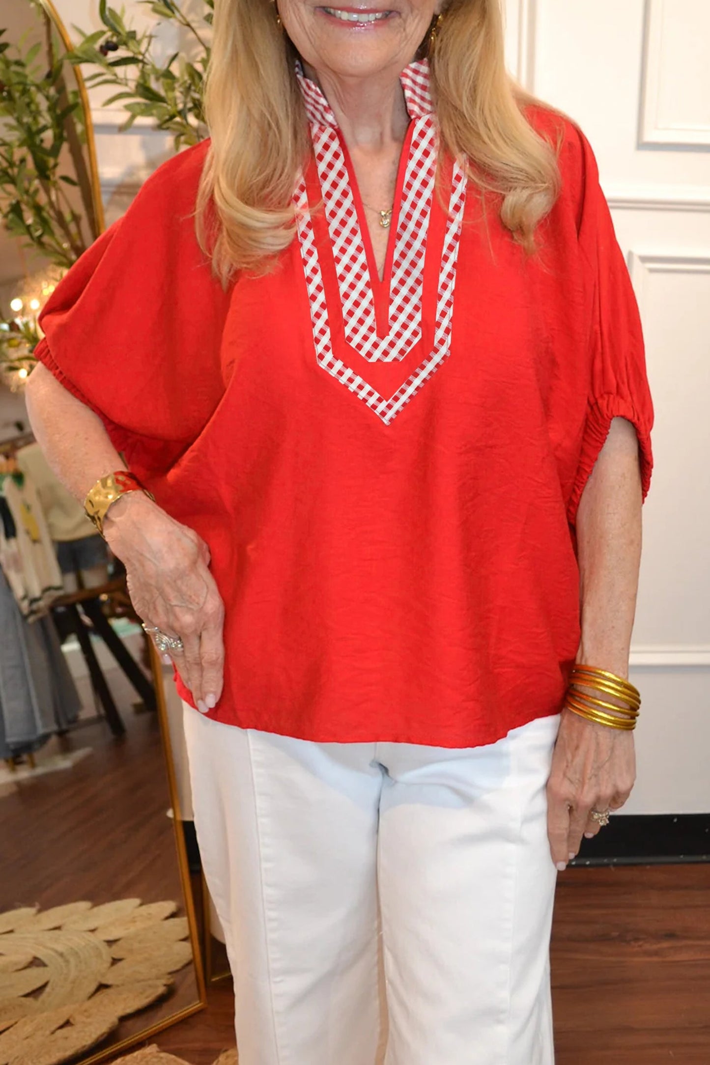Gingham Collared V-Neck Short Sleeve Tunic Blouse