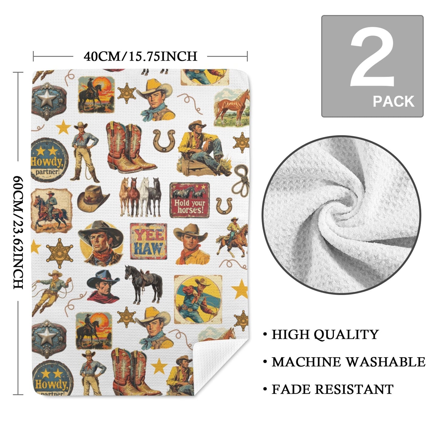 Vintage Cowboy Collage Dish Towel Set of 2 Made in America