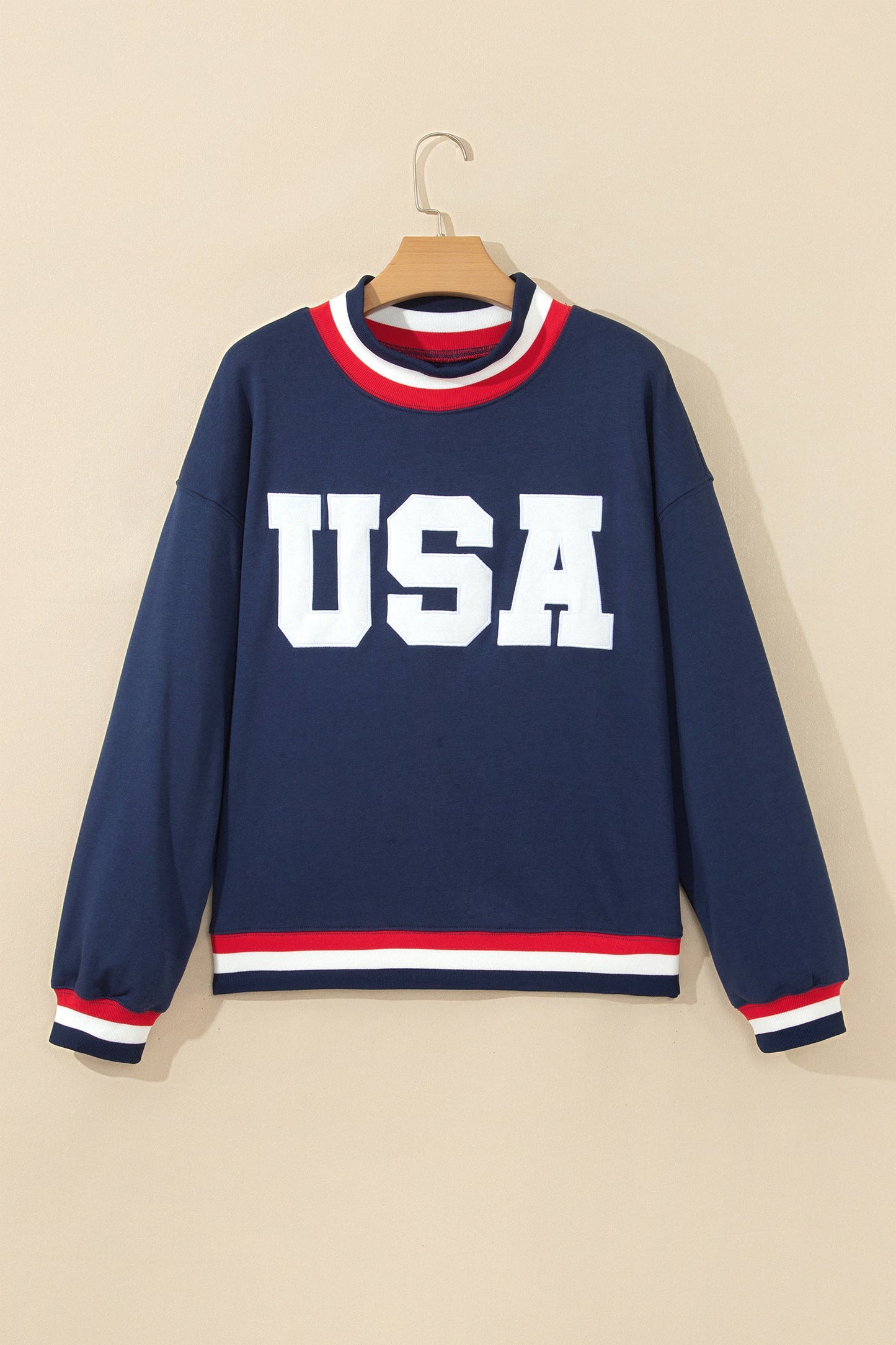 USA Slogan Patch Embroidery Colorblock High Neck Sweatshirt
