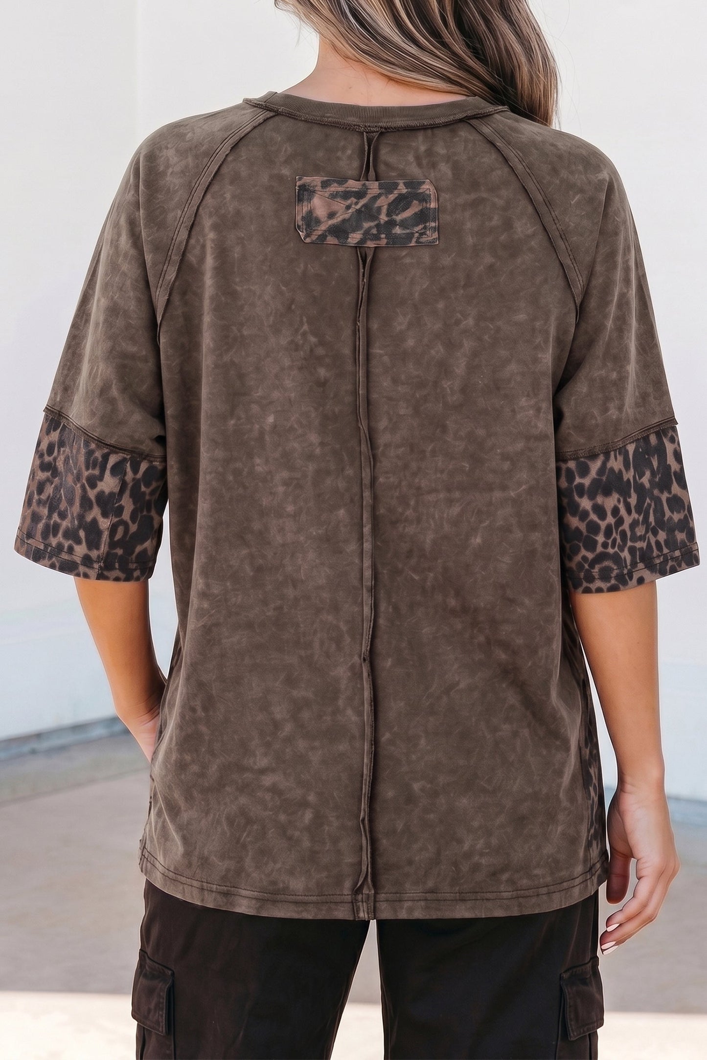 Leopard Star Patched Mineral Wash Exposed Seam T-Shirt