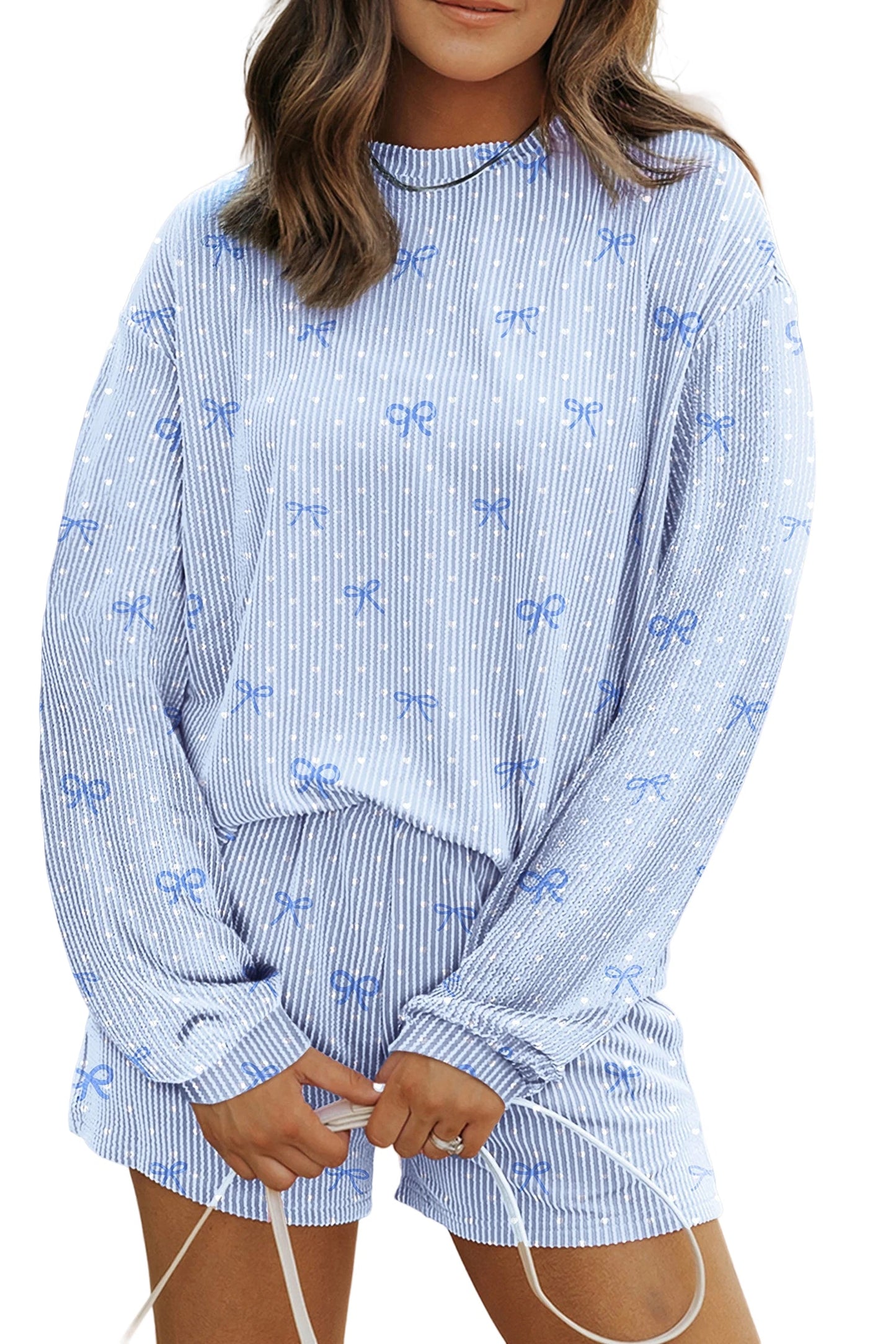 Polka Dot Bow Corded Knit Top and Shorts Set