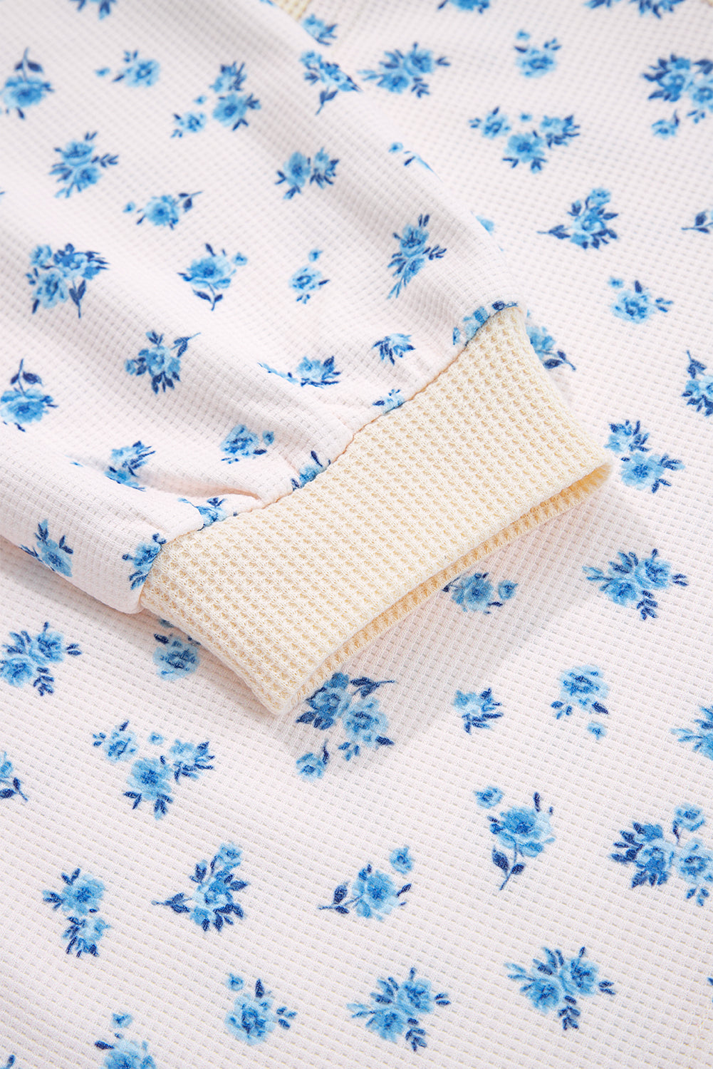 Floral Patchwork Waffle Knit Balloon Sleeve Top